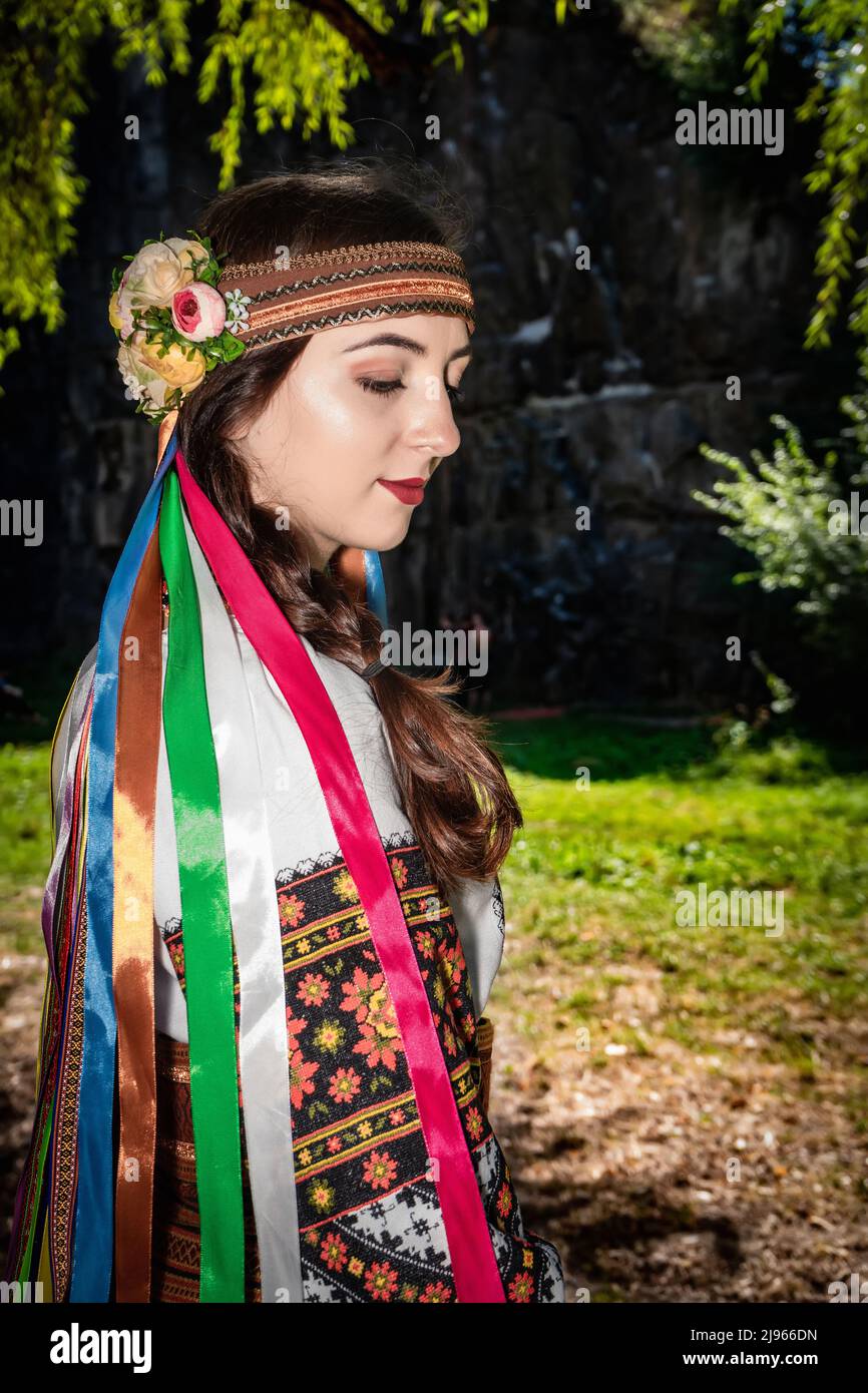 Beautiful Ukrainian girl in national Ukrainian clothes Stock Photo