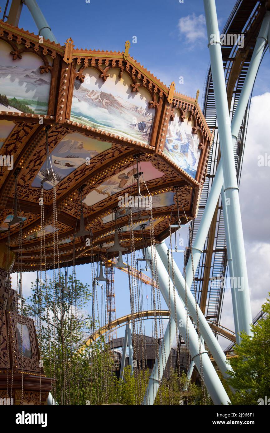 Göteborg, Sweden – 7 April 2022: Liseberg amusement park, Slänggungan chair carousel Stock Photo