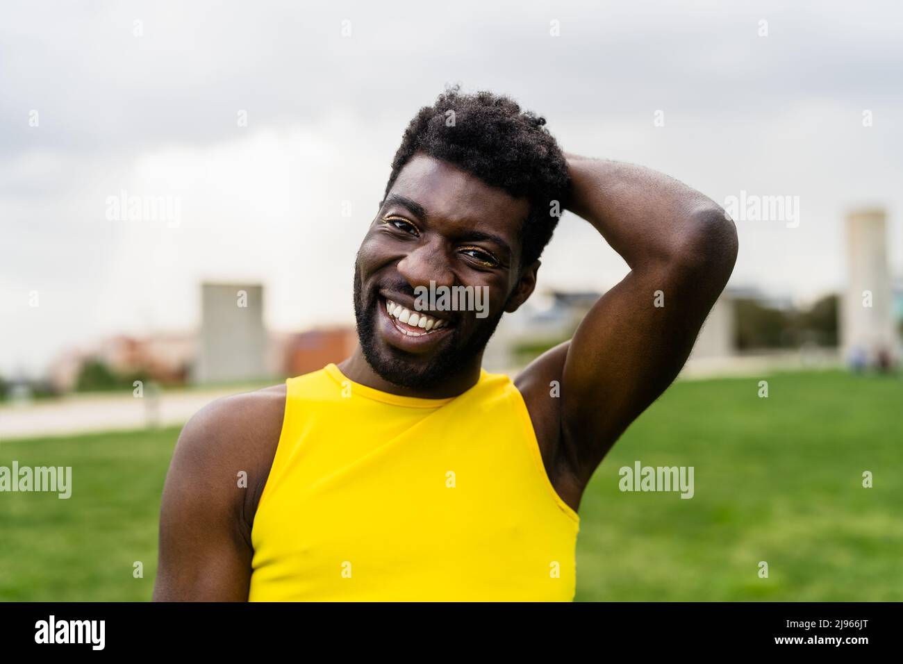 Happy African gay man celebrating pride festival - LGBTQ community concept Stock Photo