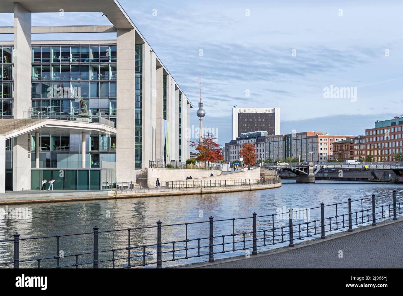 Berlin, Germany - October 18, 2021: Bank of the river Spree named Schiffbauerdamm with Marie-Elisabeth-Lueders House to the left, the television tower Stock Photo