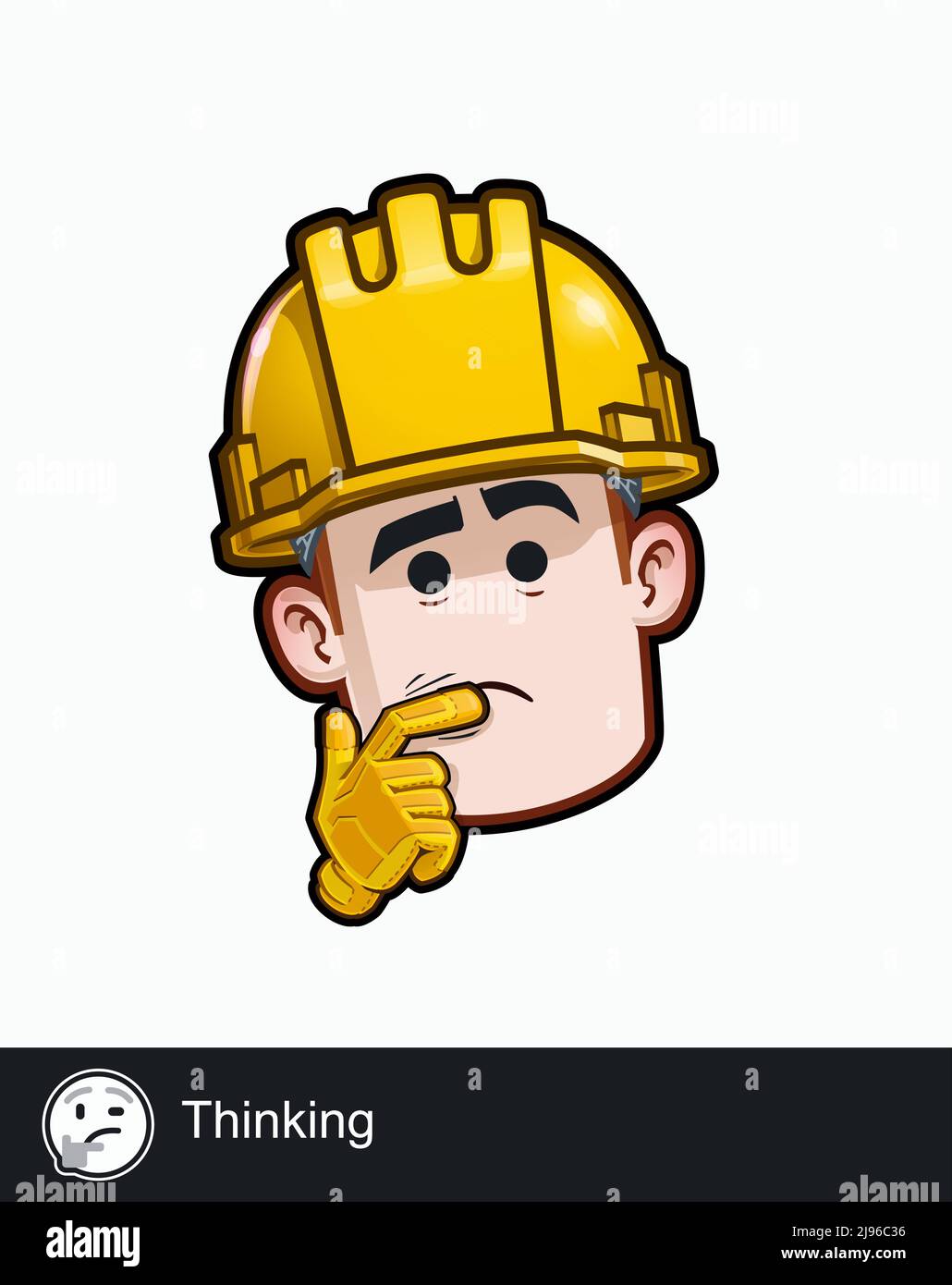 Icon of a construction worker face with Thinking emotional expression. All elements neatly on well described layers and groups. Stock Vector