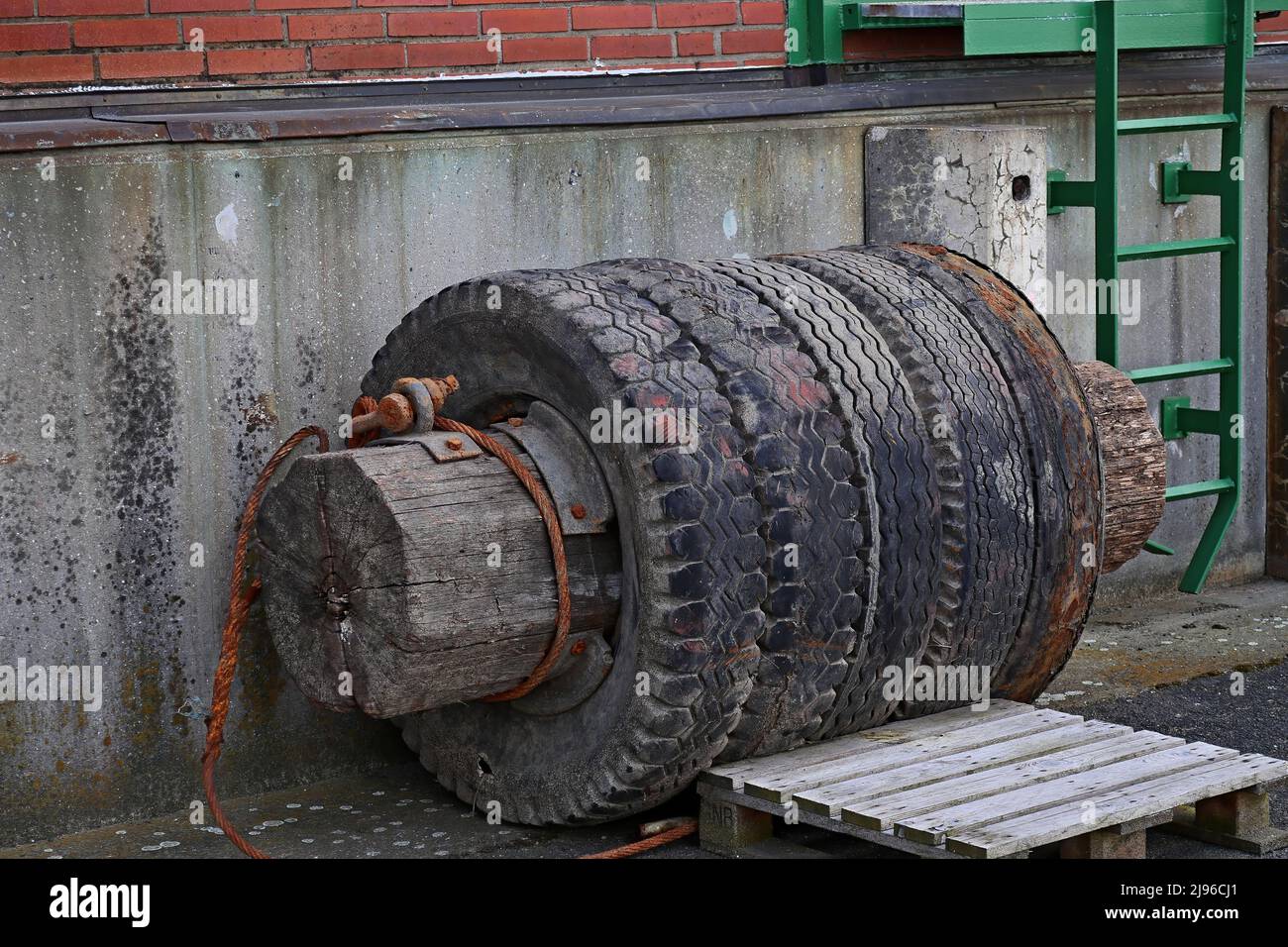 Impact protection - fenders - spacers - for ships - from old tires Stock Photo