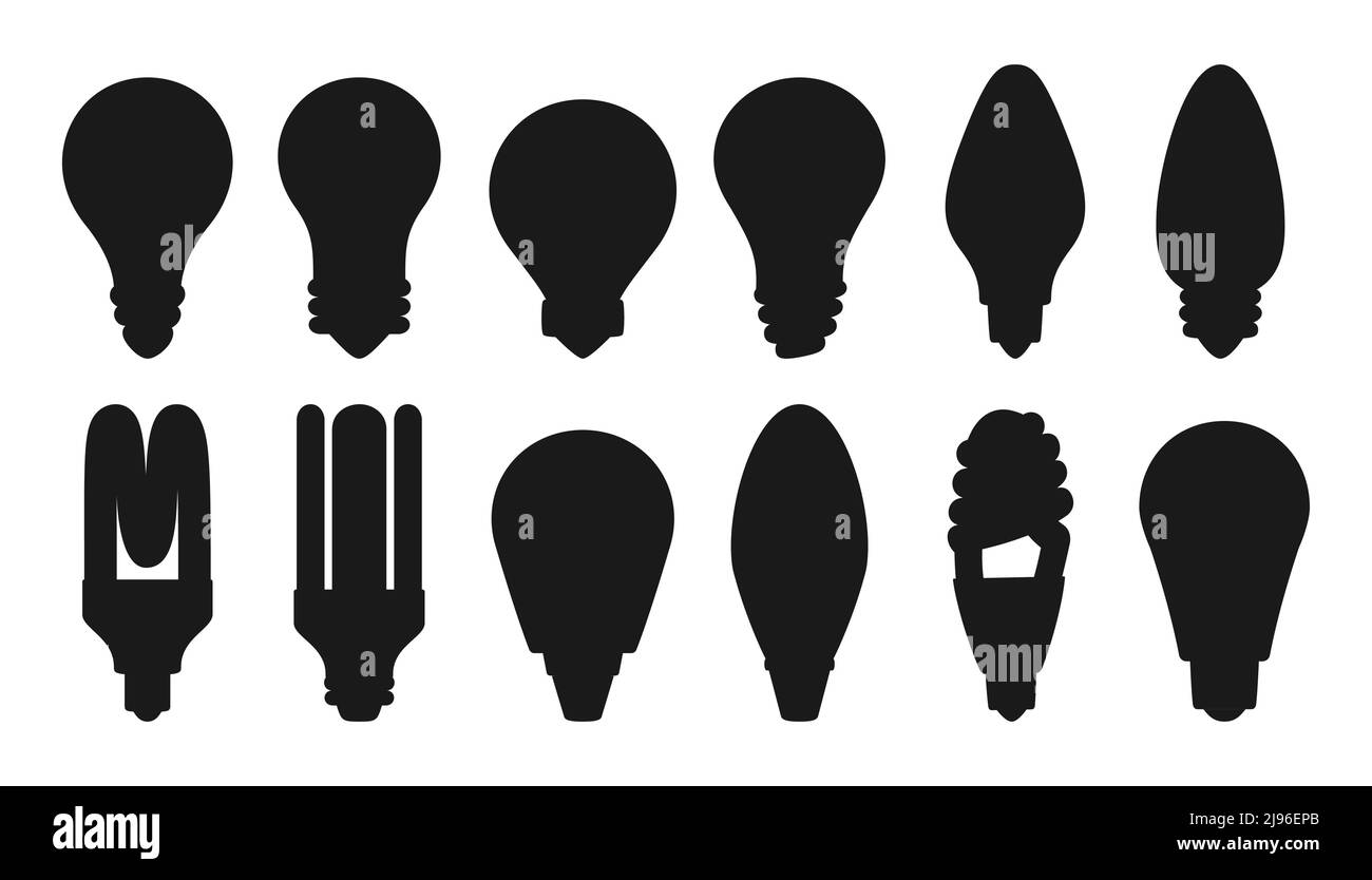 Light bulb silhouette icon set. Retro glass lamp, ecology spiral led ...