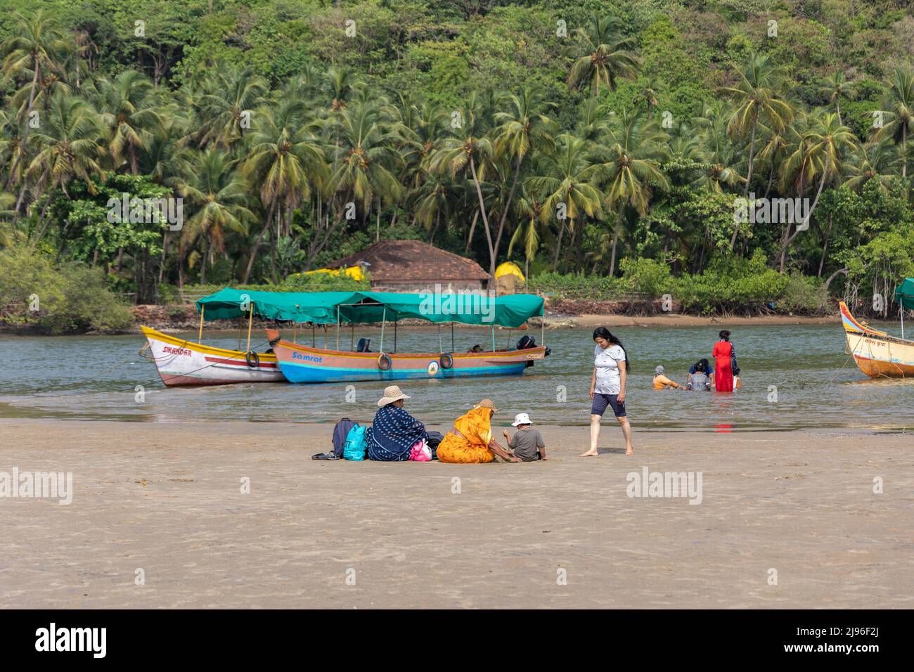 View of tourists enjoying water sports and other activities on Tsunami Island in the middle of Karli River Stock Photo
