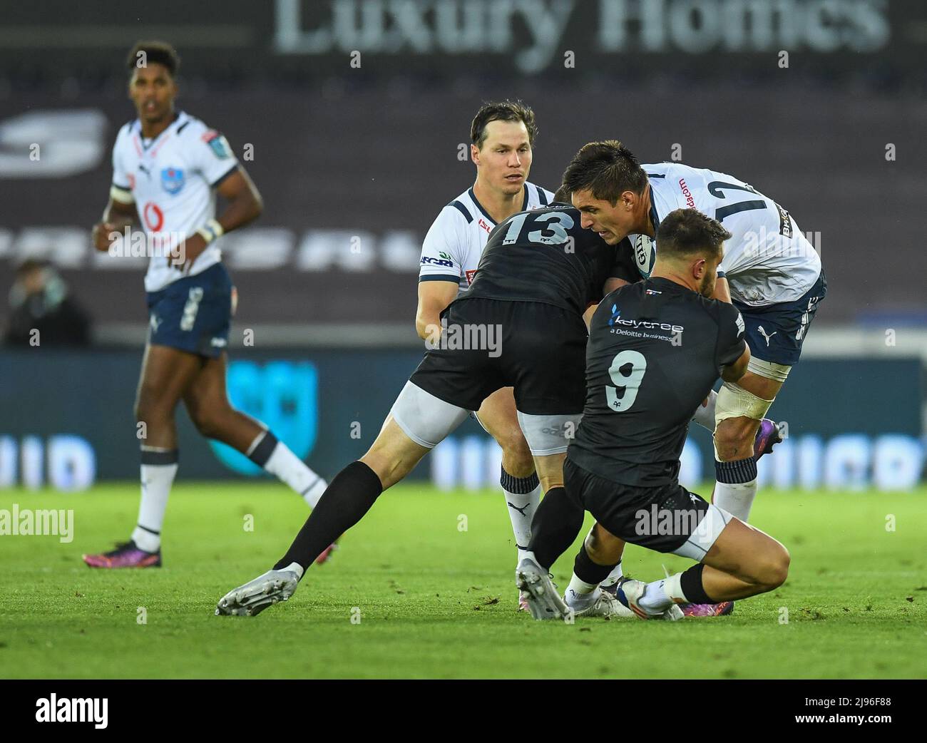 Swansea, UK. 20th May, 2022. Harold Vorster of Vodacom Bulls, tackled ...