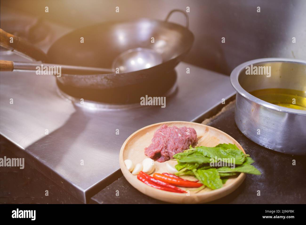 Preparation ingredients for cooking Thai food stirfry minced beef with