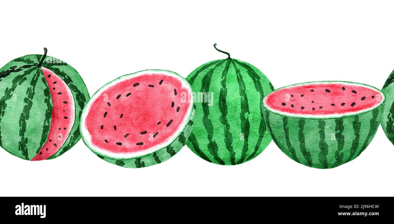 Watercolor hand drawn seamless horizontal border with red green watermelon, summer fruit seeds slices. Vegetarian vegan healthy food frame, tropical jungle vacation holiday concept Stock Photo