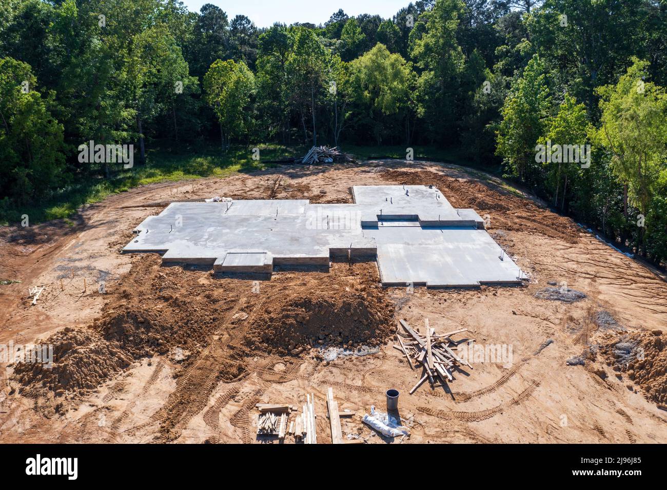 Concrete foundation for new house construction. Stock Photo