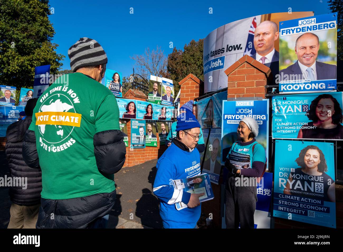 During the 2022 Australian Federal elections, a voting booth is covered in posters of candidates, including the Federal treasurer Josh Frydenberg and a Teal candidate, Doctor Monique Ryan. Deepdene, Melbourne, Victoria, Australia. Stock Photo