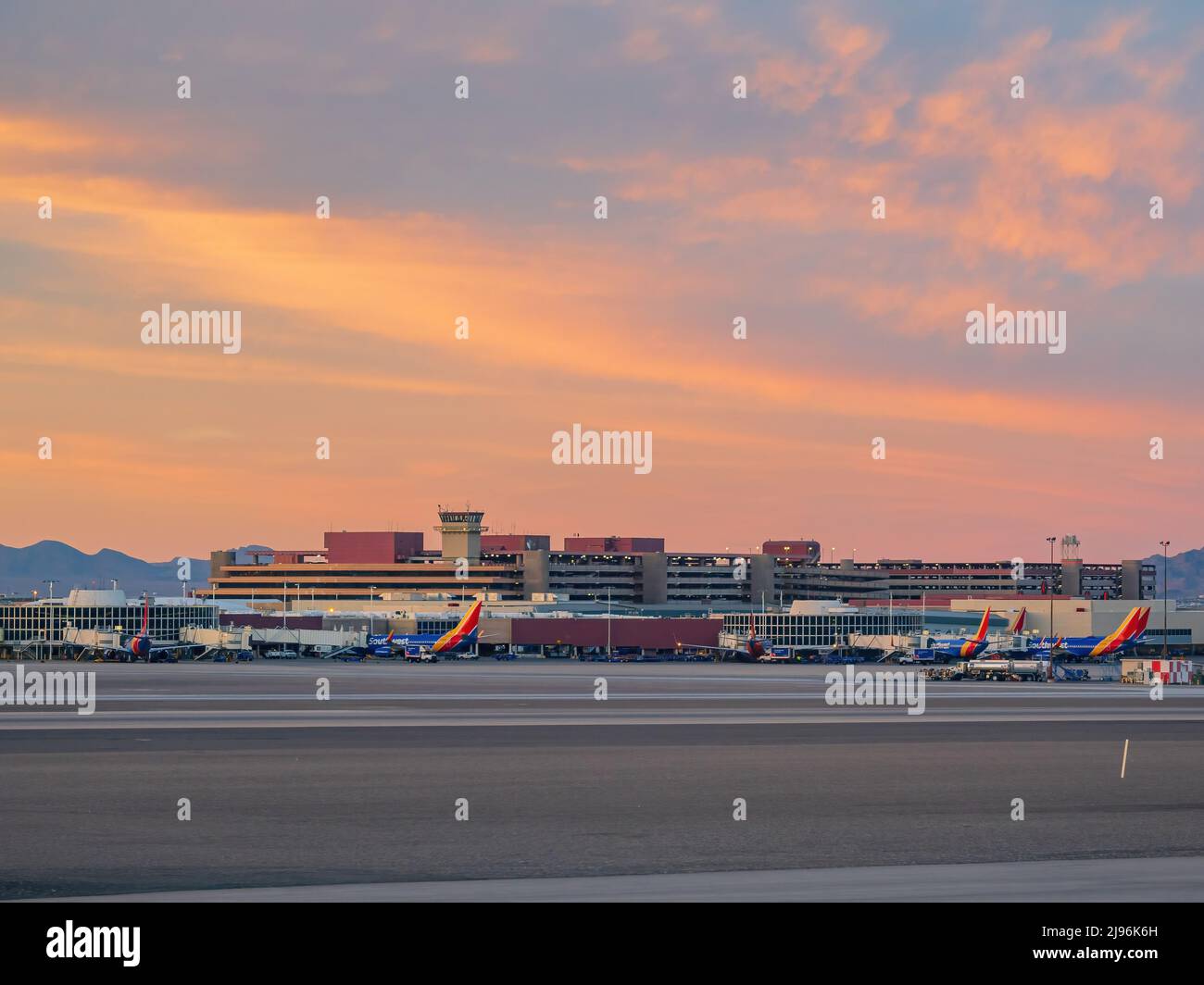Las Vegas, MAY 12 2022 Sunset view of the terminal of Harry Reid