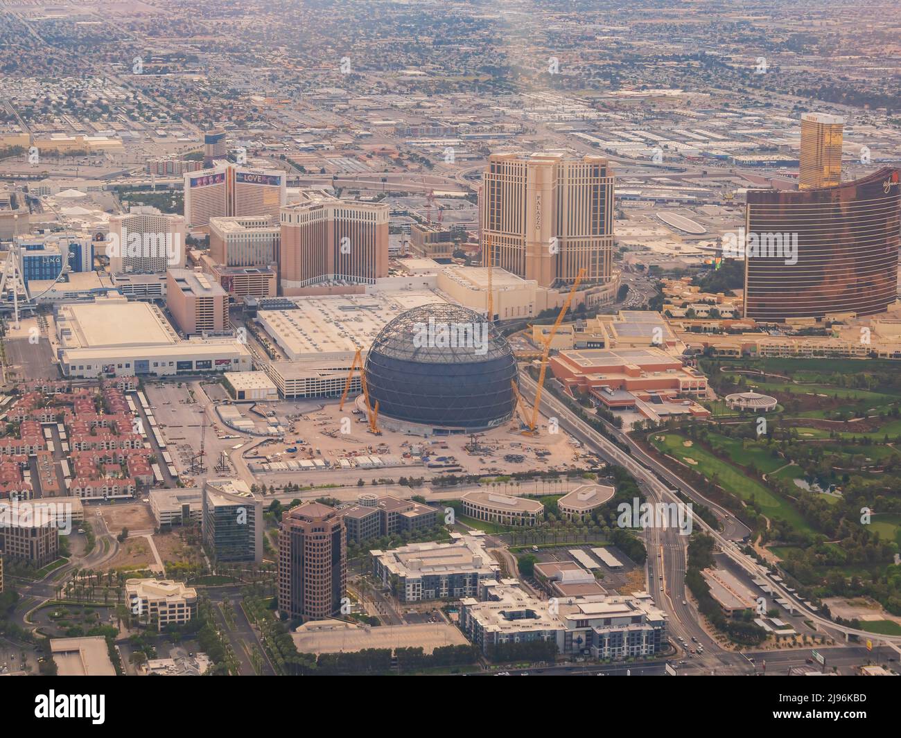 Las Vegas, MAY 15 2022 - Afternoon aerial view of the Las Vegas strip cityscape with MGM Sphere Stock Photo