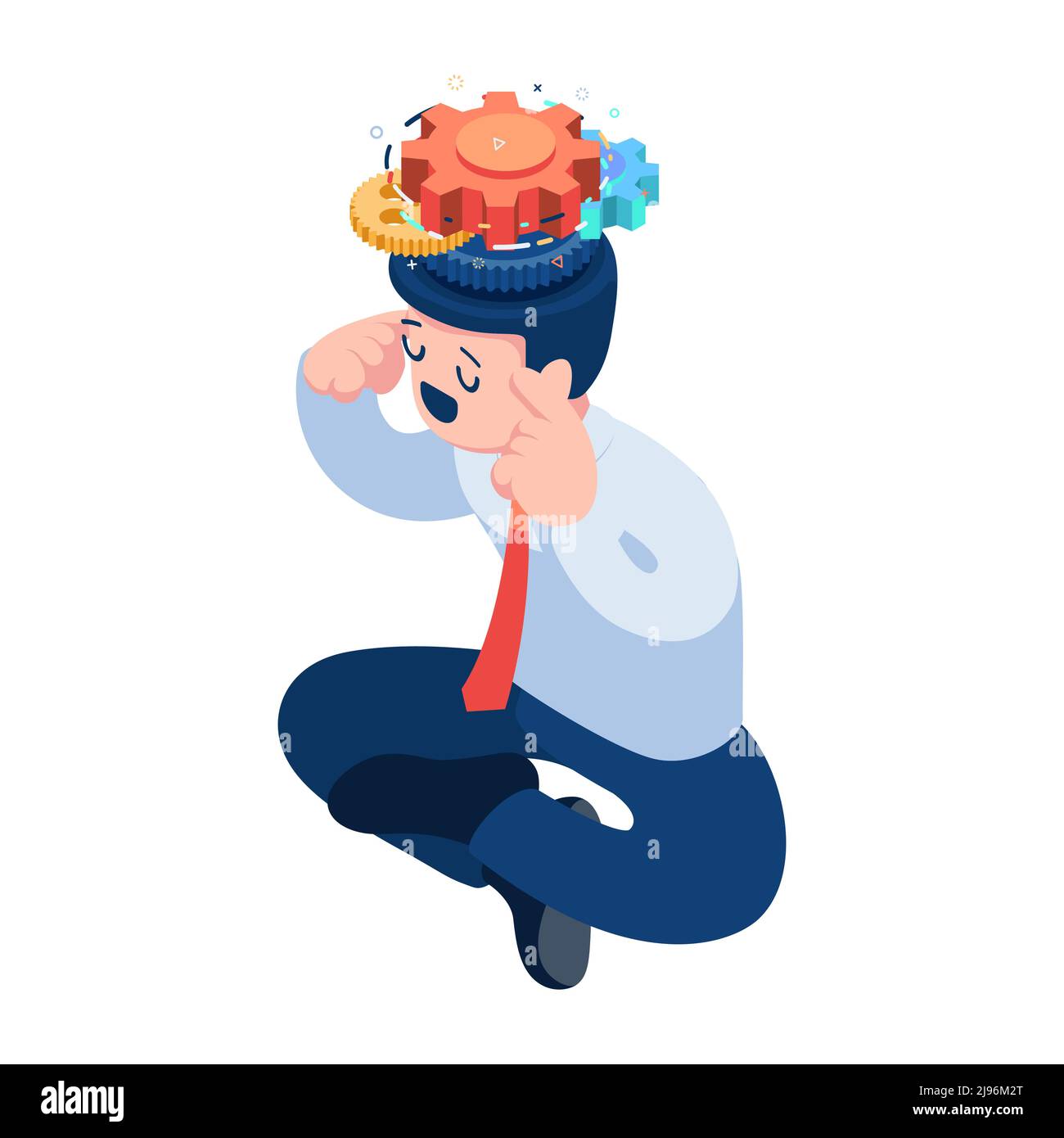 Flat 3d Isometric Businessman Thinking with Gears Mechanism Inside His Head. Process Thinking and Business Management Concept. Stock Vector