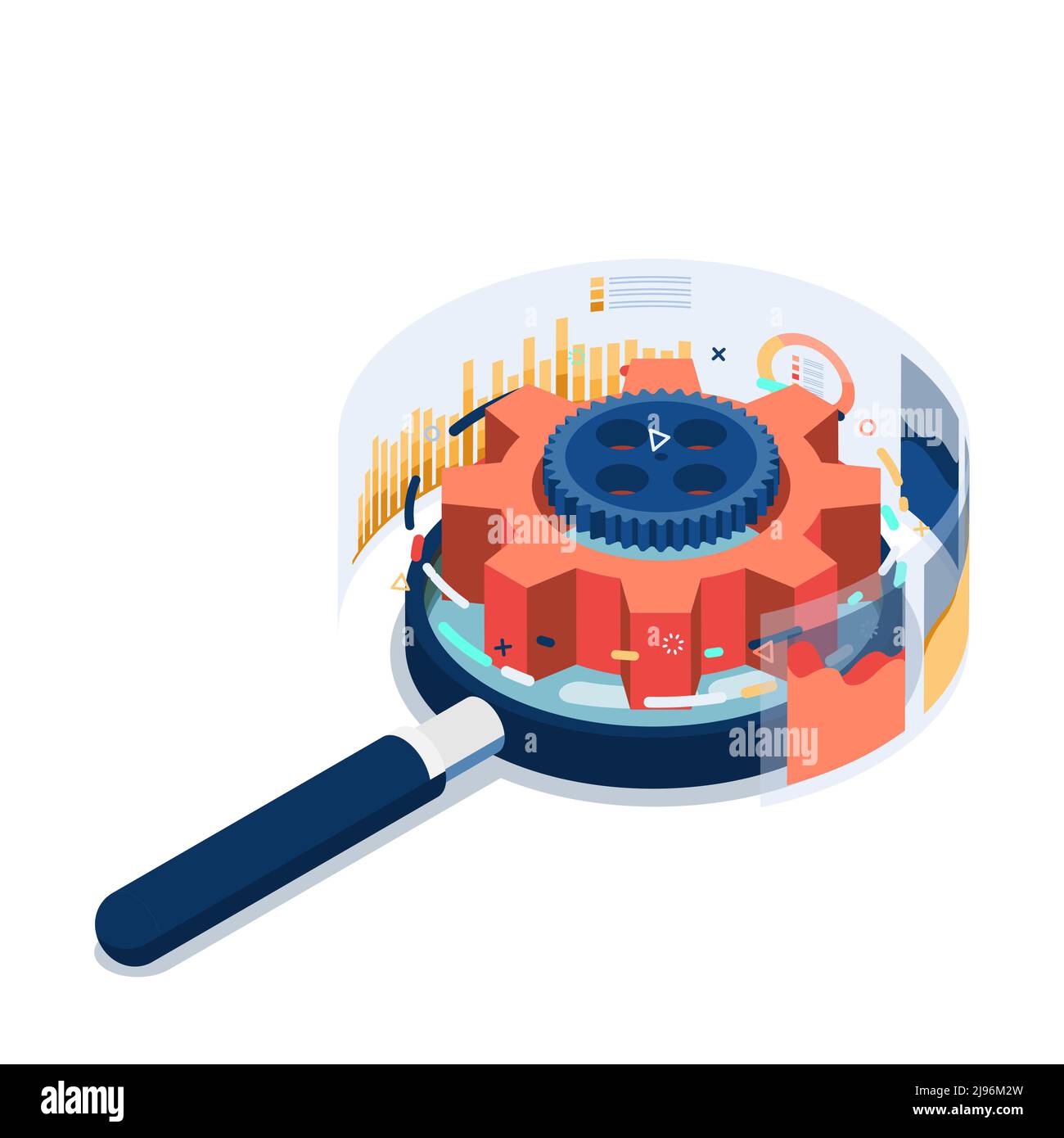 Flat 3d Isometric Magnifying Glass with Gears and Graph. Business Analysis Concept. Stock Vector