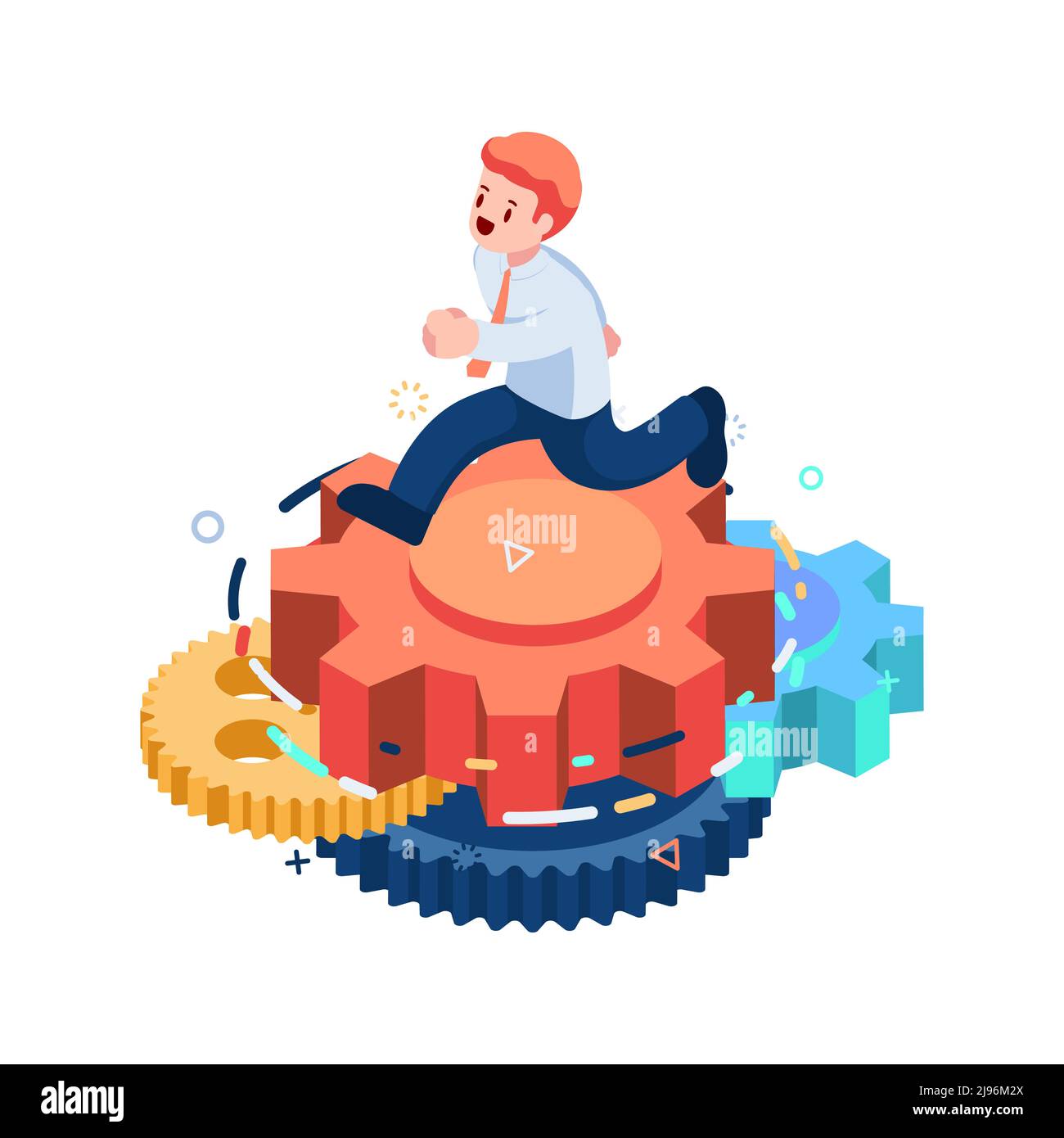 Flat 3d Isometric Businessman Running on Gears. Business Process Concept. Stock Vector