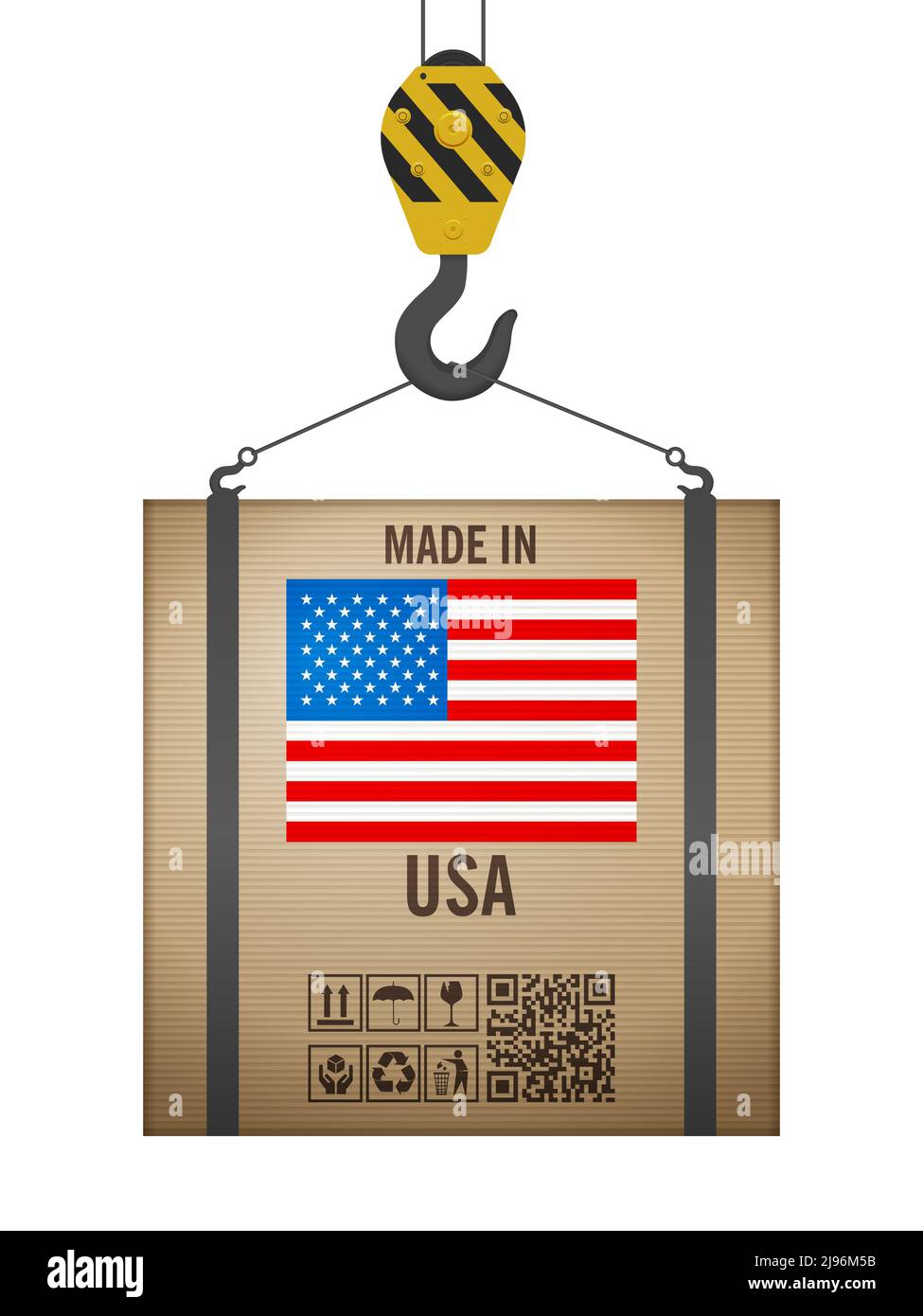 Hooked cardboard box made in USA on a white background. Vector
