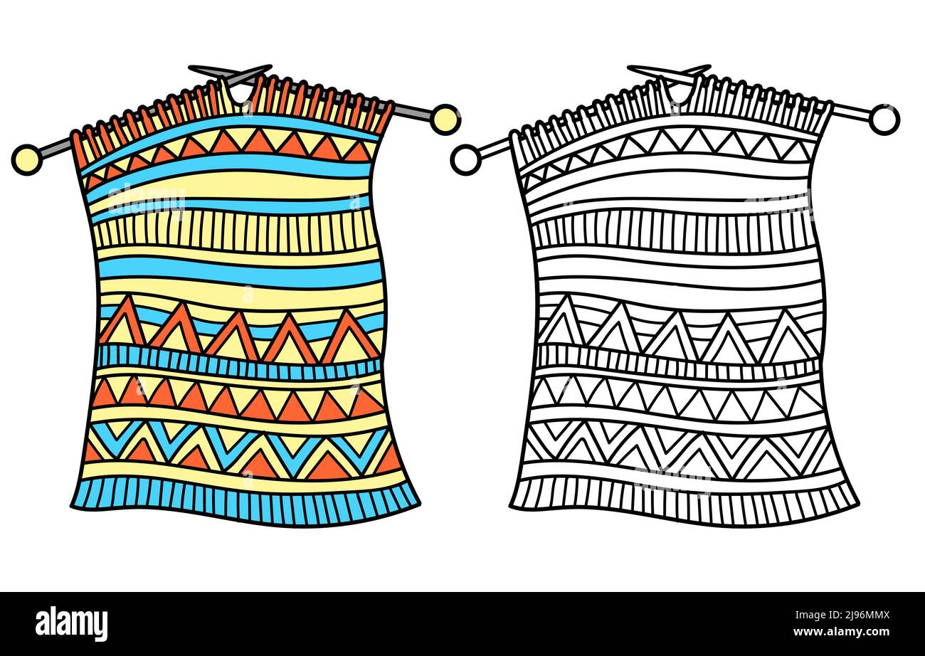 Knitting winter clothes, vector flat illustration. Winter coloring page