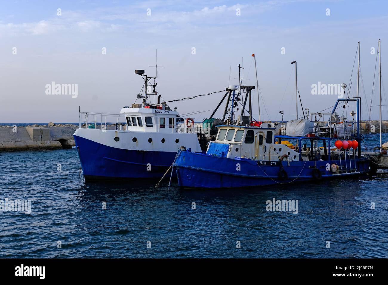 Tel Aviv-Yafo, Israel - October 28, 2021: fishing boats in the port of Yafo. Stock Photo