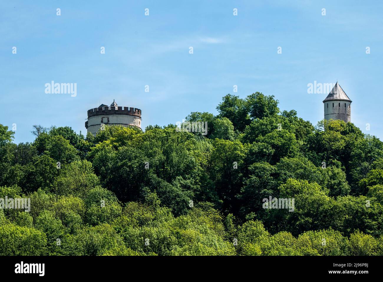 2 towers of a medieval castle with forest and blue sky. Burg Plesse  Stock Photo