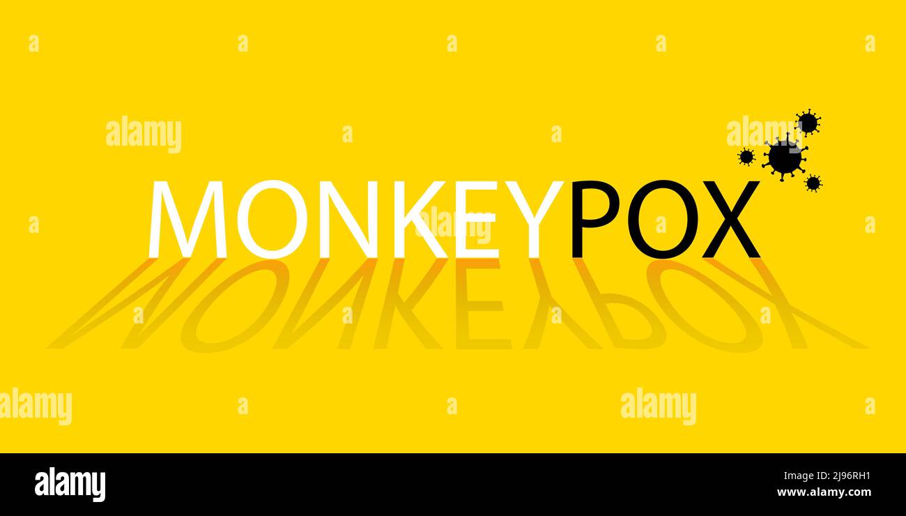 Banner with yellow background and text in red and white Monkeypox and with a small virus icon. The concept of a new monkey pox virus. illustration. Stock Vector