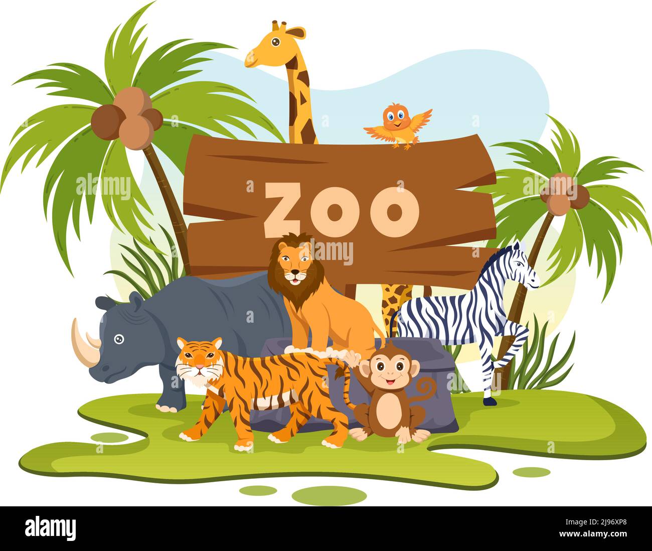 Zoo Cartoon Illustration with Safari Animals Elephant, Giraffe, Lion,  Monkey, Panda, Zebra and Visitors on Territory on Forest Background Stock  Vector Image & Art - Alamy
