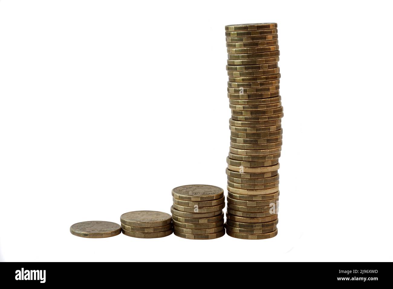 Increasing stacks of Australian one dollar coins isolated on white Stock Photo