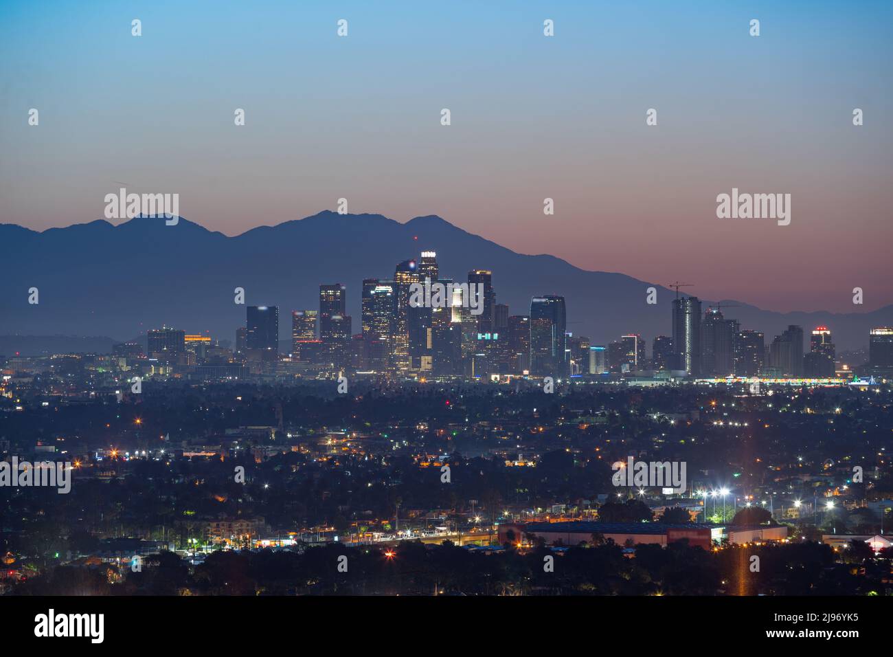 The Skyline of Los Angeles USA before the sunrise. Close-up picture taken in the early morning Stock Photo