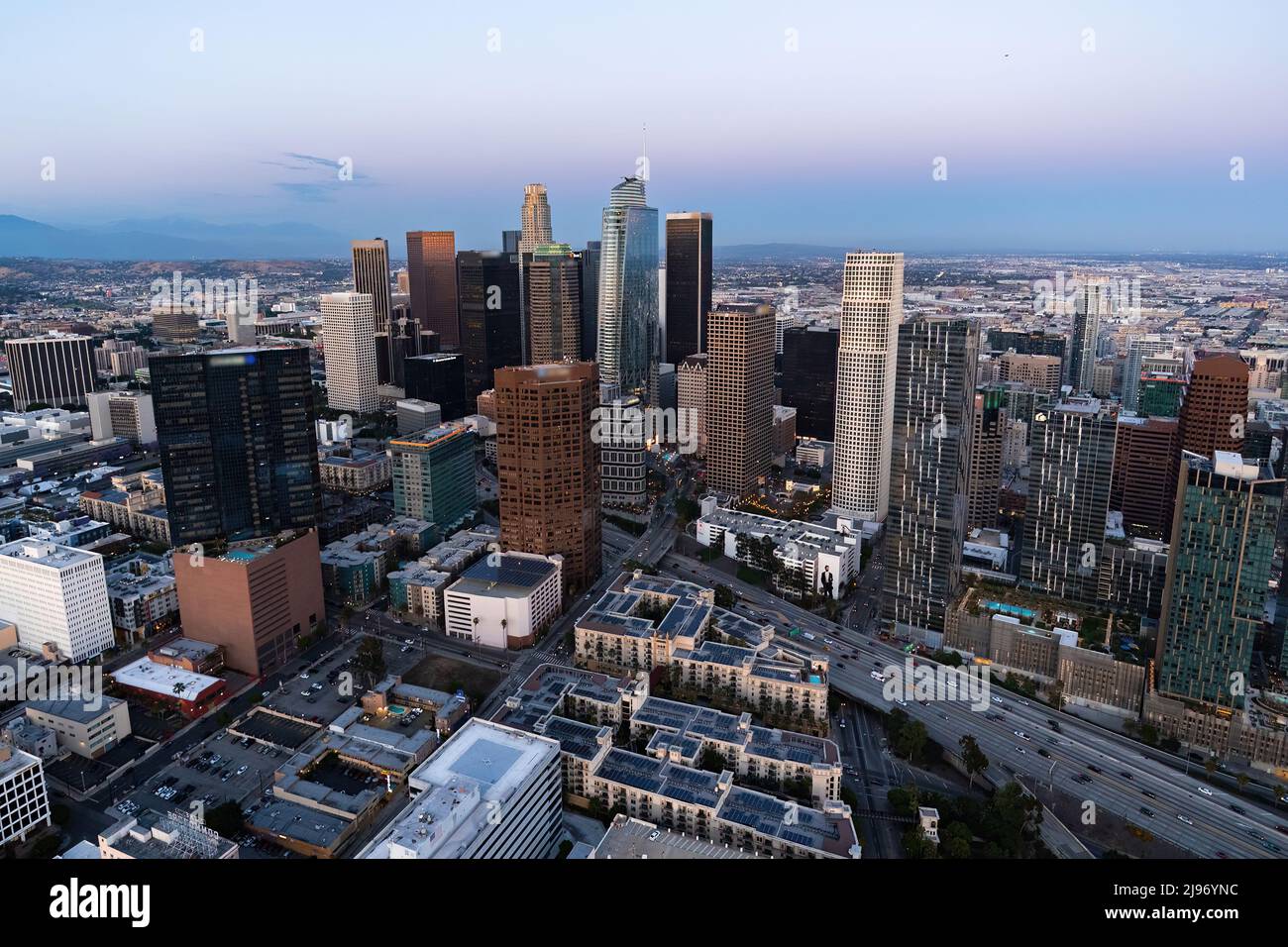 The downtown Los Angeles California and the city traffic at dusk Stock Photo