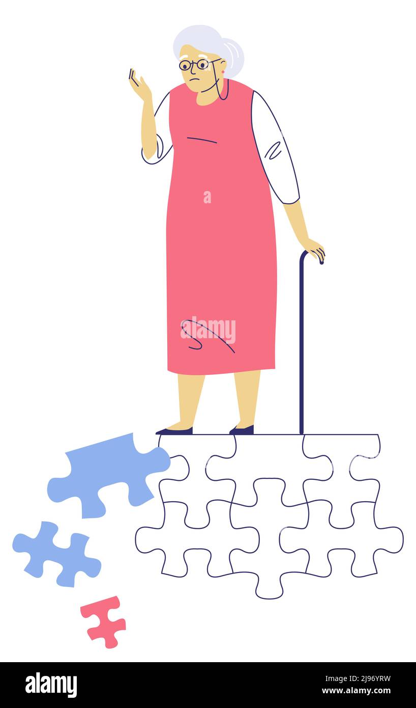 Senior woman with puzzle pieces falling apart. Alzheimer disease . Symbol of mental problem, memory loss. Stock Vector