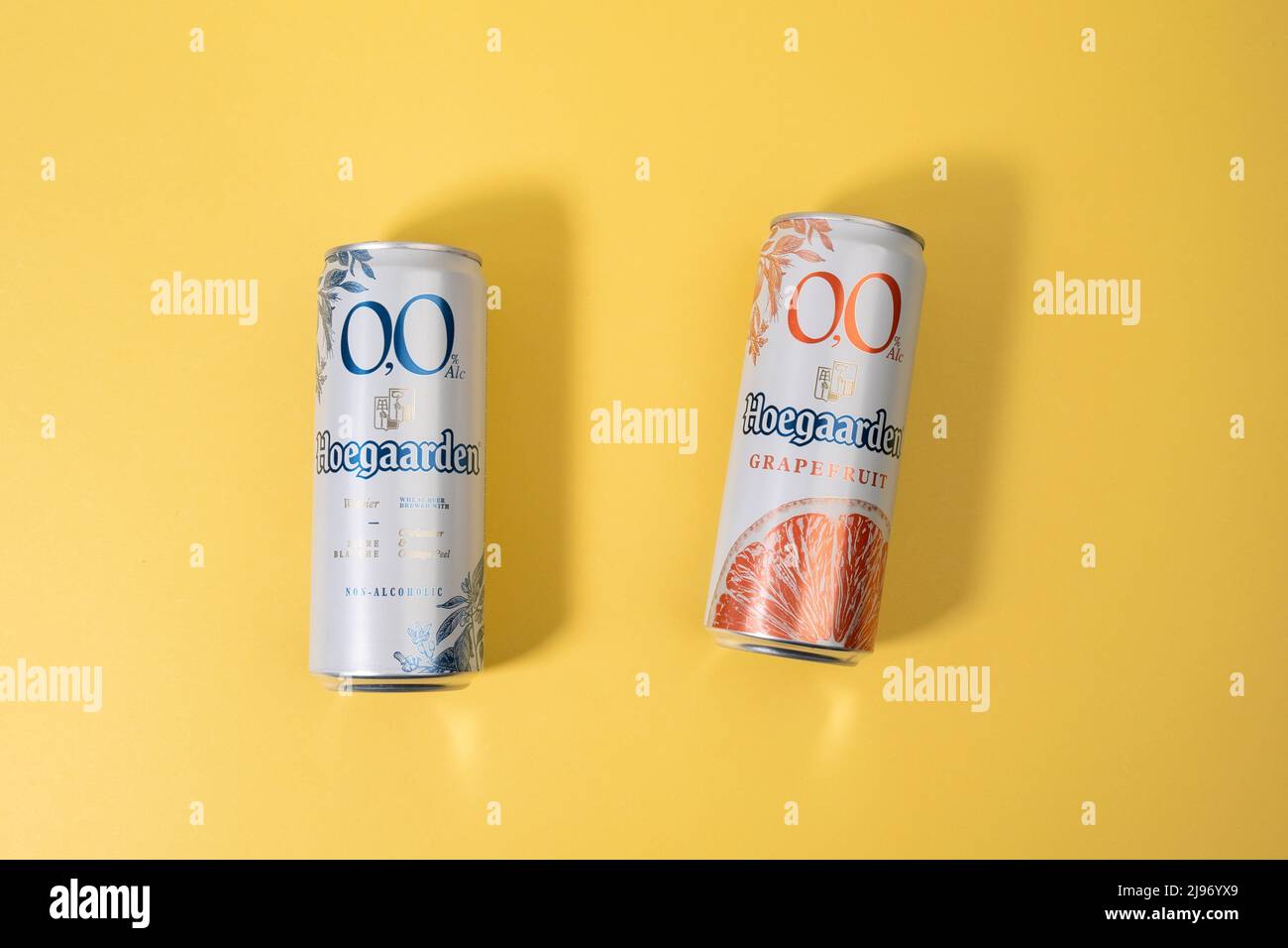 Tyumen, RussiaApril 13, 2022 Hoegaarden nonalcoholic beer and