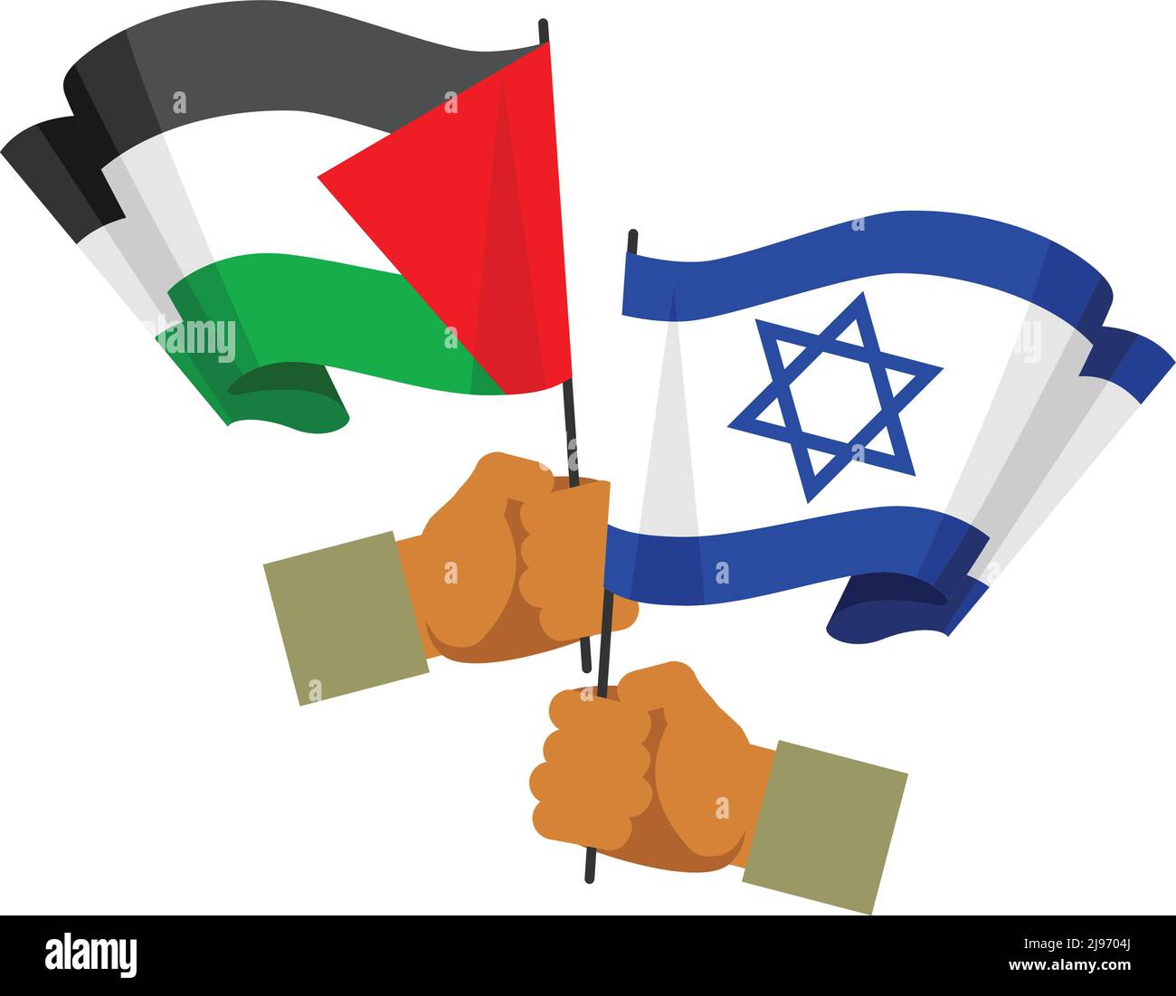 Two hands holding a flags Palestine and Israel in flat style isolated on white background Stock Vector