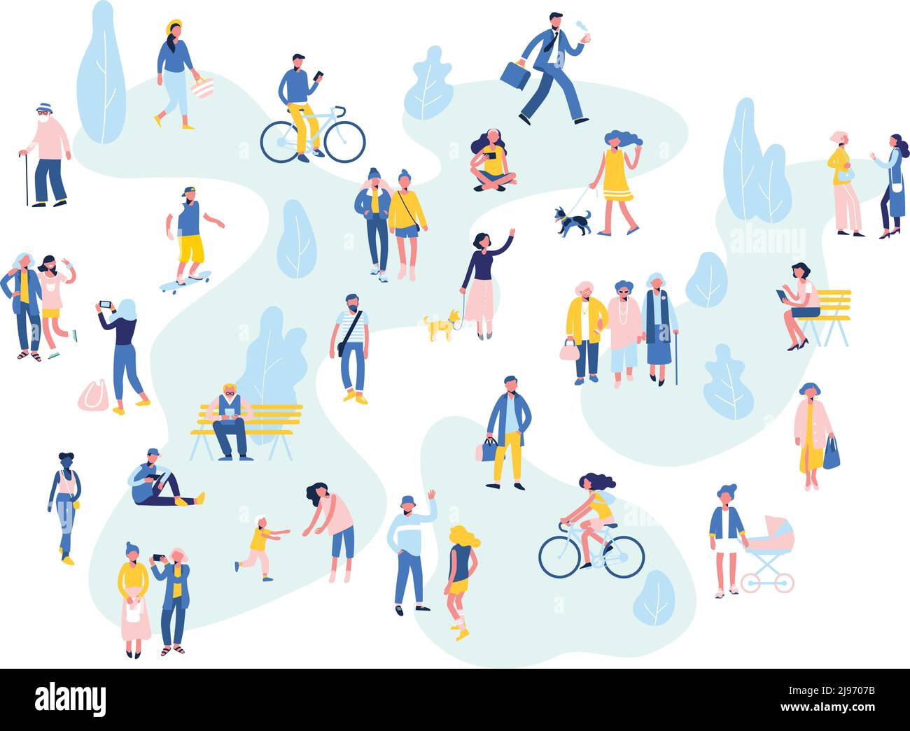 Crowd of male and female characters in summer city. Season background ...