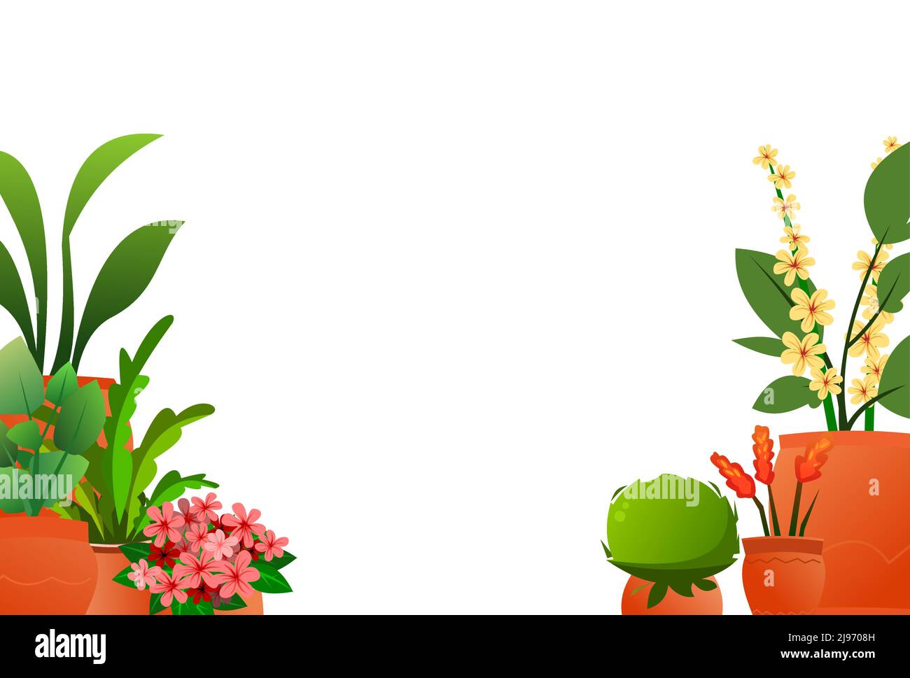 Indoor plants and flowers. In ceramic pots. Picture frame. Homemade beautiful herbs. Isolated on white background. Cartoon fun style. Vector Stock Vector