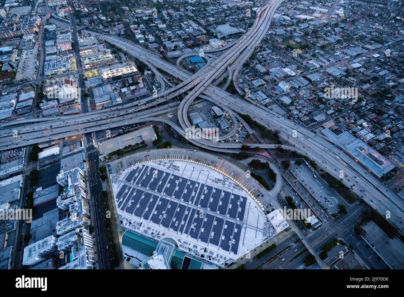 The interchange of Los Angeles USA and the Staples Center during the rush hour Stock Photo