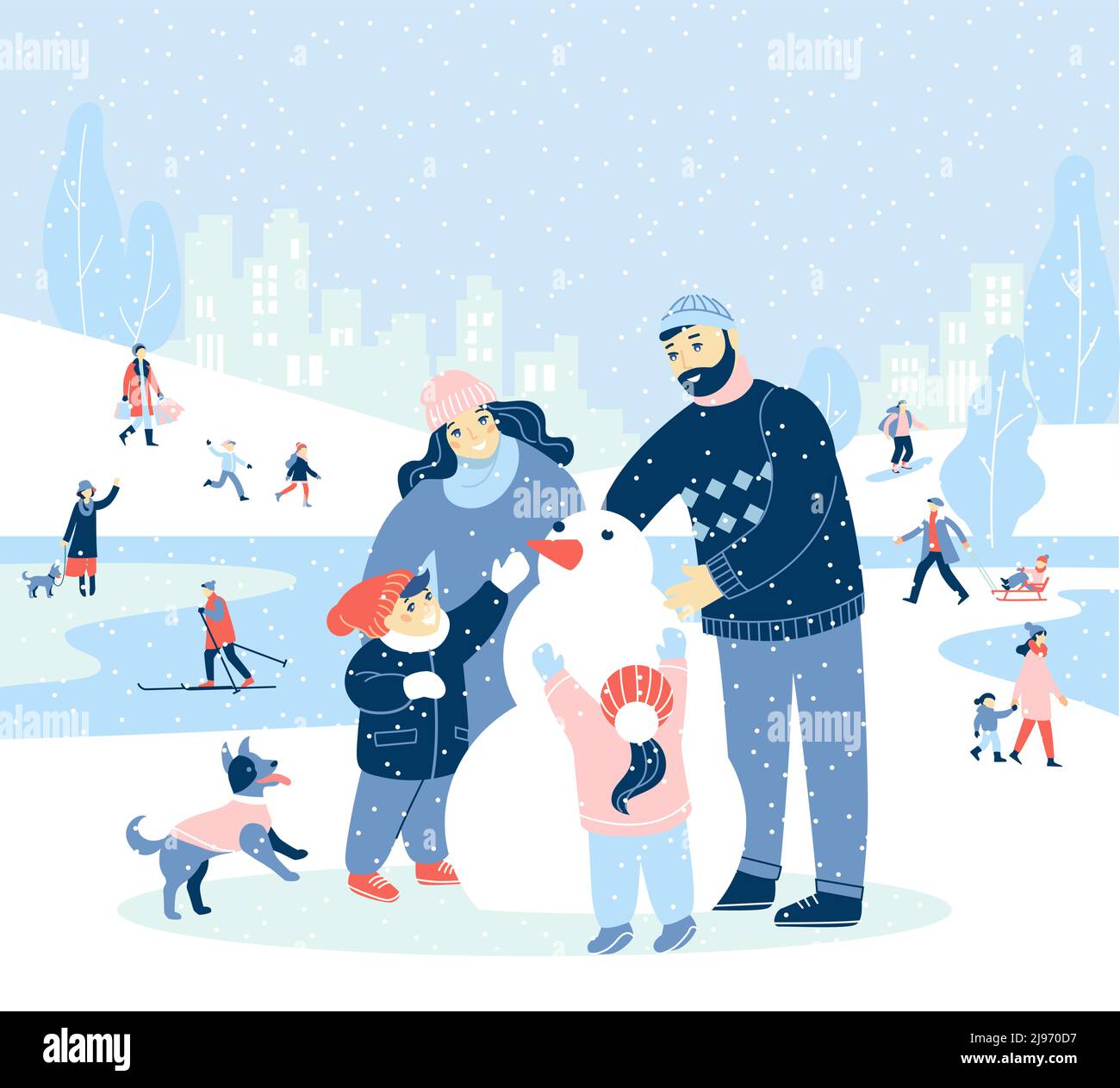 Family with children making snowman in snow city park. Outdoor activity for xmas season. Stock Vector