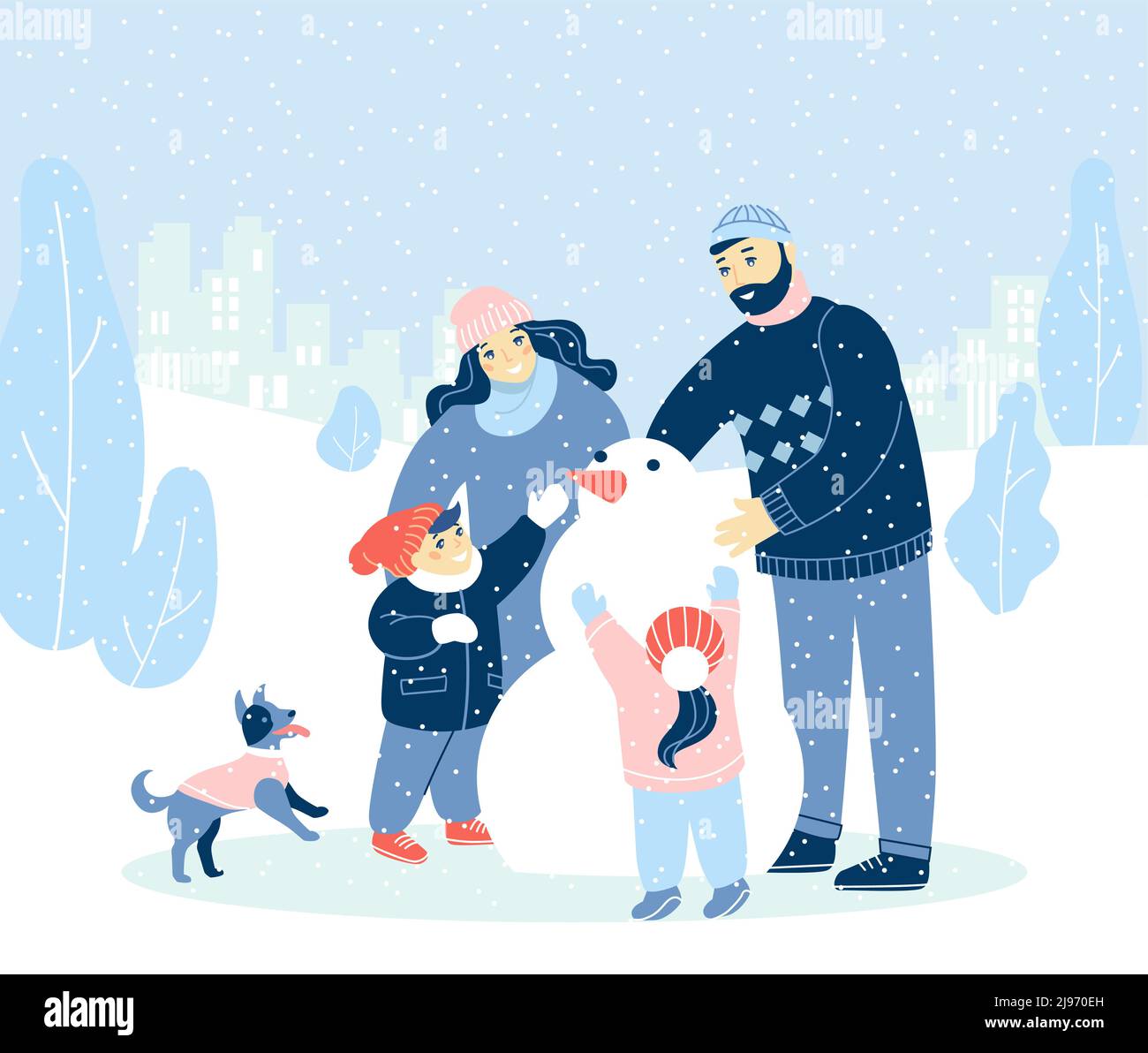 Family with children making snowman in snow city park. Outdoor activity for xmas season. Stock Vector