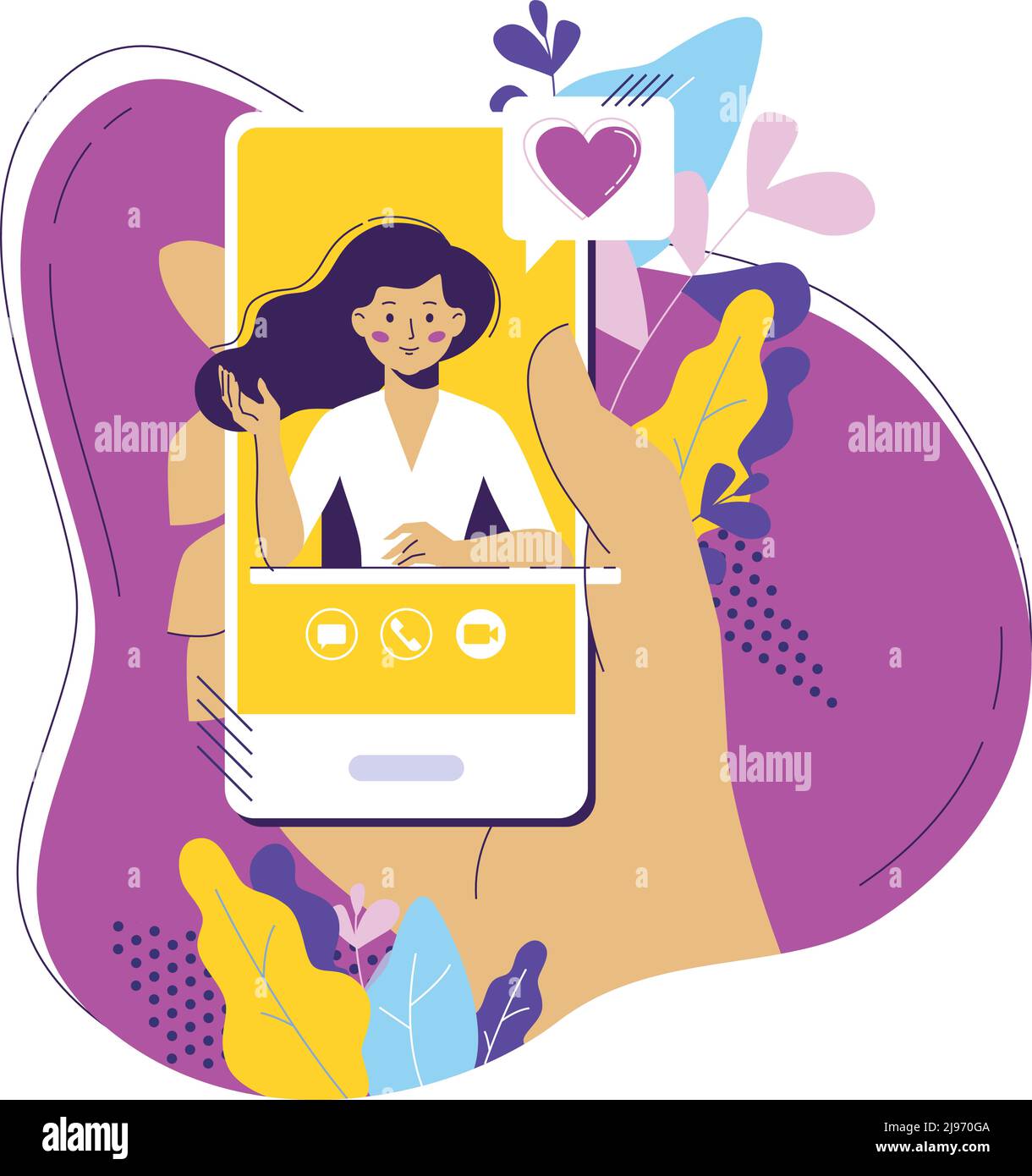 Person holding mobile phone with woman on screen. Online dating, virtual relationships, video call. Stock Vector