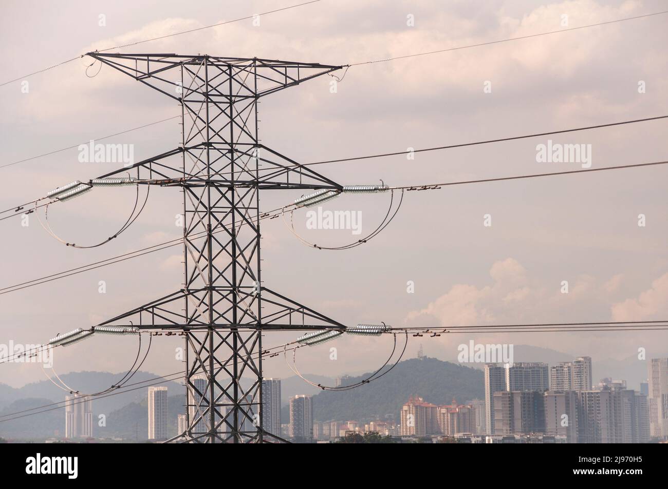 Power lines on a vintage color sky background Stock Photo - Alamy