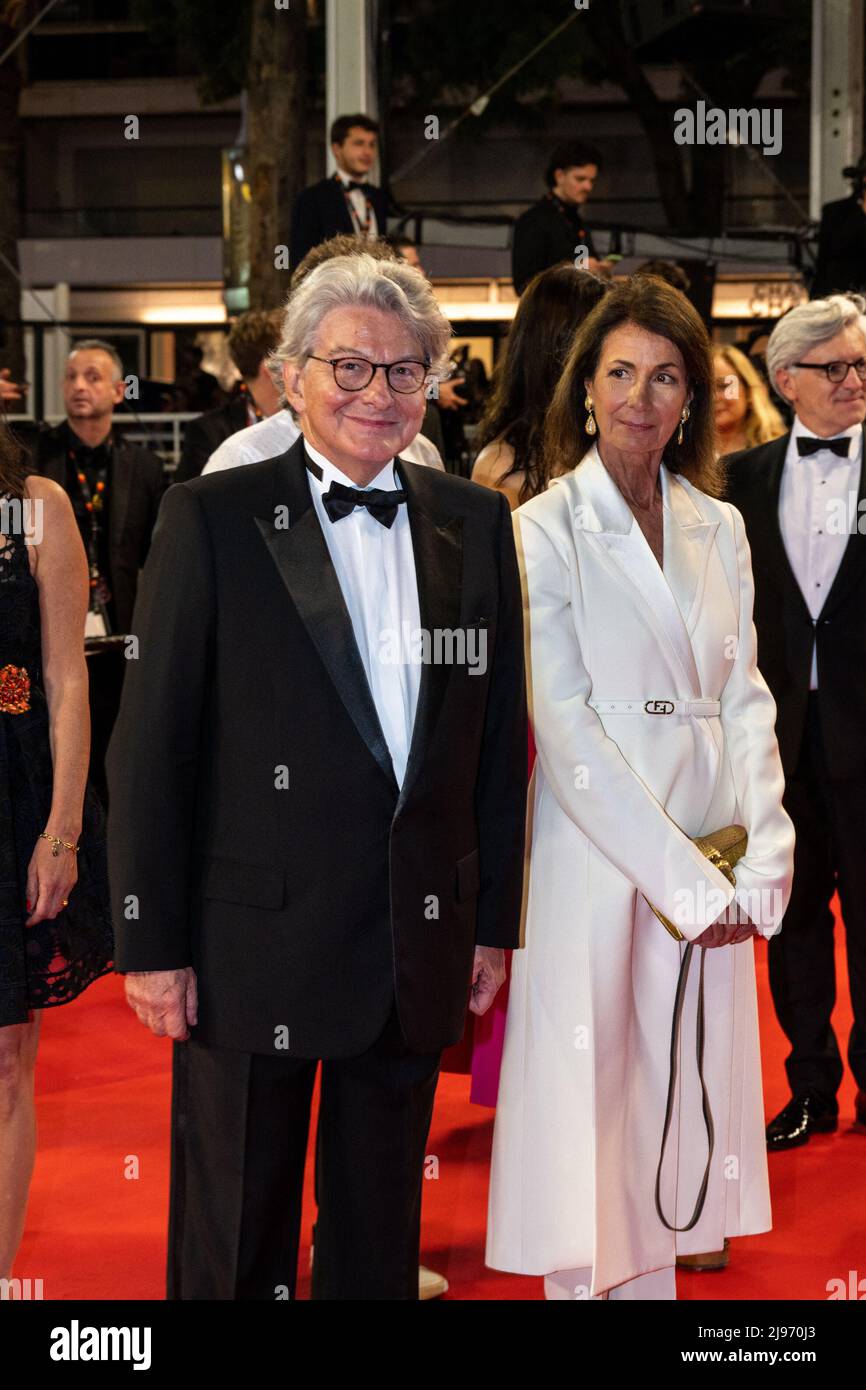 Cannes, France. 20th May, 2022. Thierry Breton and wife arrive for the  screening of 'Brother And Sister' (Frere Et Soeur) on 4th day of the 75th  Cannes film festival at Palais des