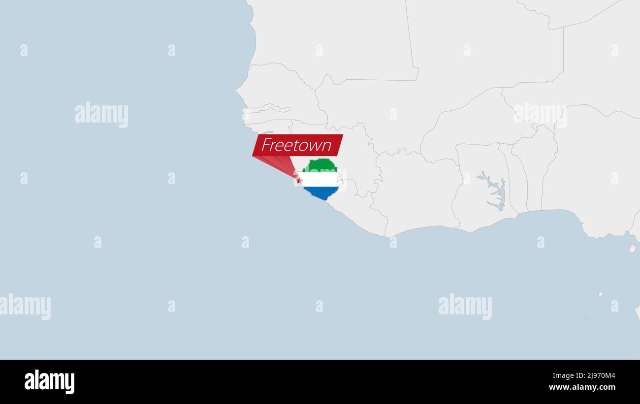 Sierra Leone map highlighted in Sierra Leone flag colors and pin of ...