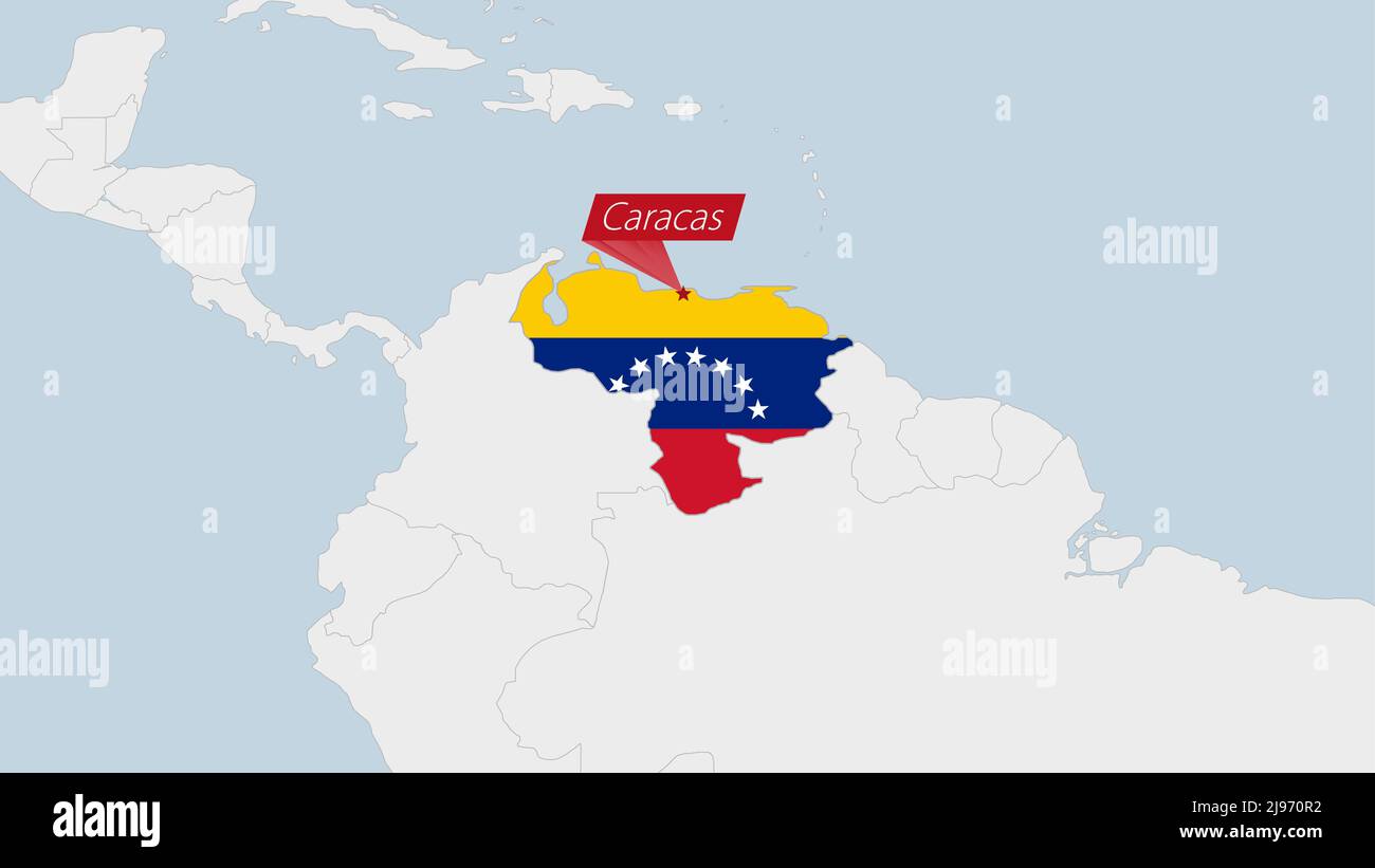 Venezuela map highlighted in Venezuela flag colors and pin of country