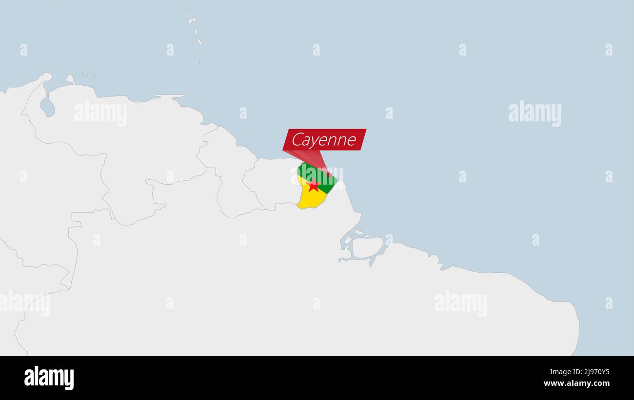 French Guiana map highlighted in French Guiana flag colors and pin of