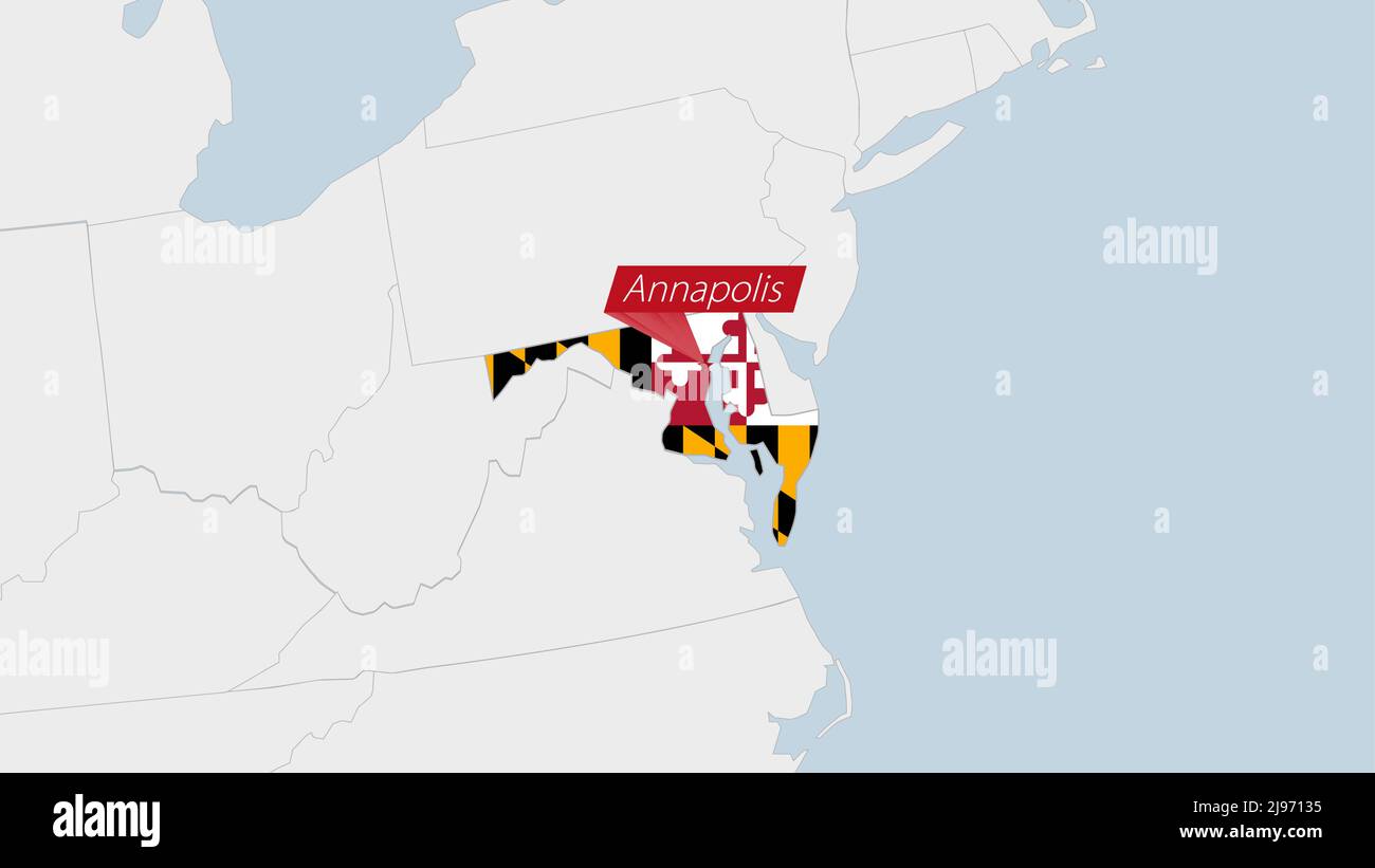 US State Maryland map highlighted in Maryland flag colors and pin of ...