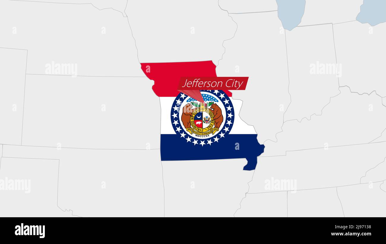 US State Missouri map highlighted in Missouri flag colors and pin of