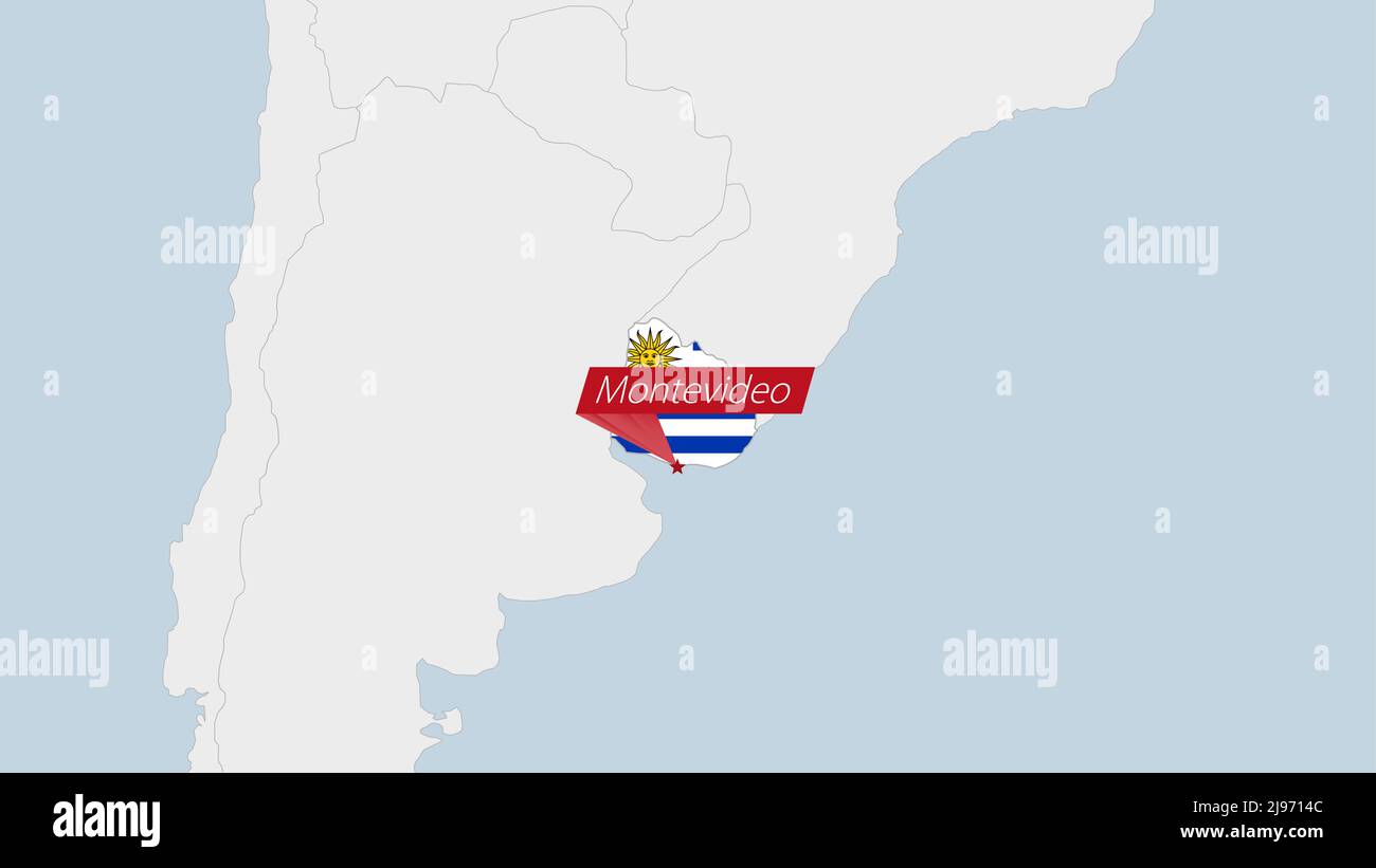 Uruguay map highlighted in Uruguay flag colors and pin of country capital Montevideo, map with neighboring American countries. Stock Vector