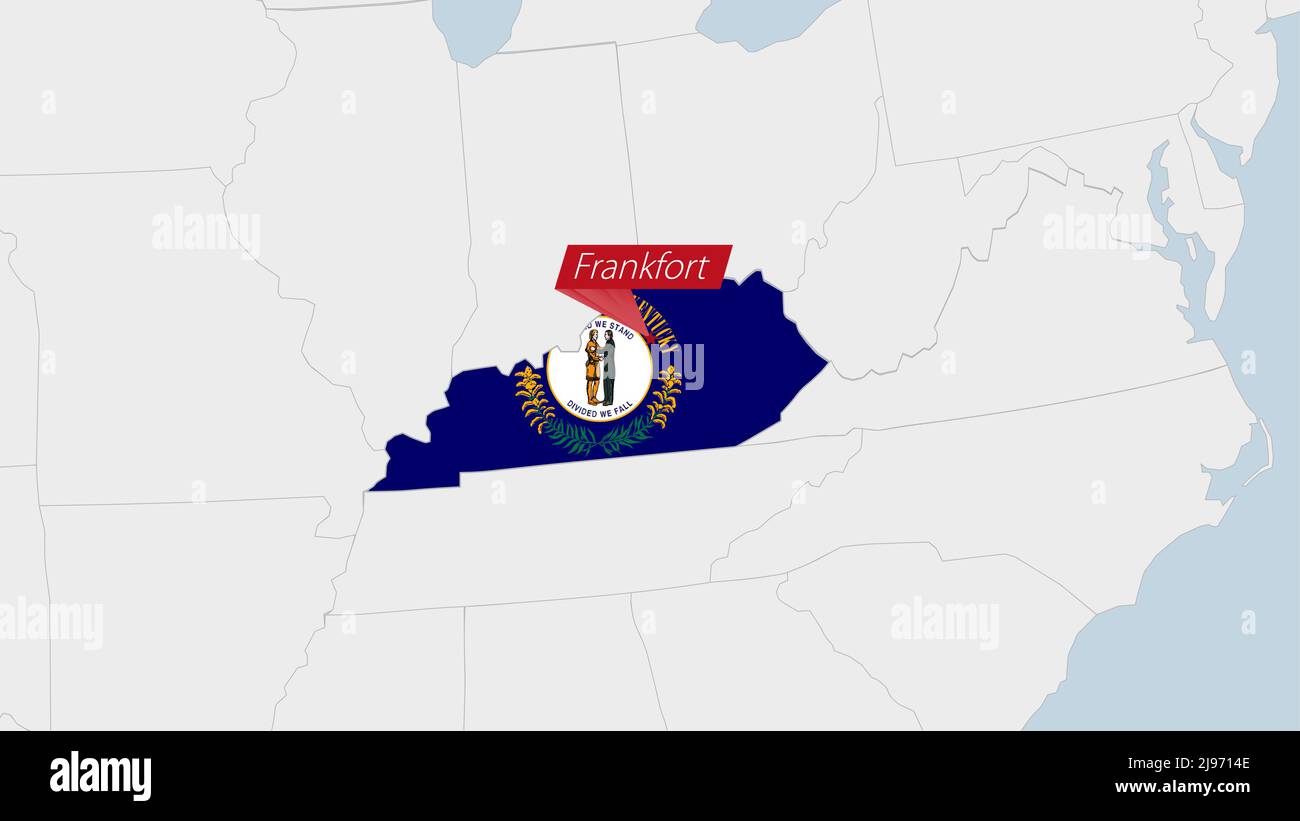 US State Kentucky map highlighted in Kentucky flag colors and pin of