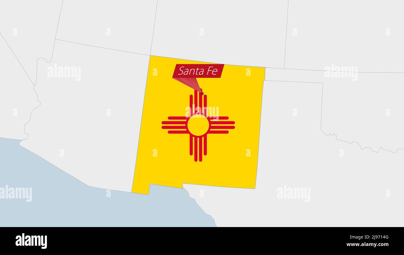 US State New Mexico map highlighted in New Mexico flag colors and pin