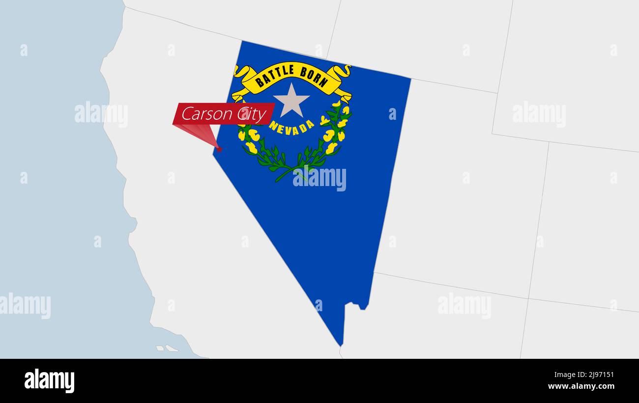 US State Nevada map highlighted in Nevada flag colors and pin of