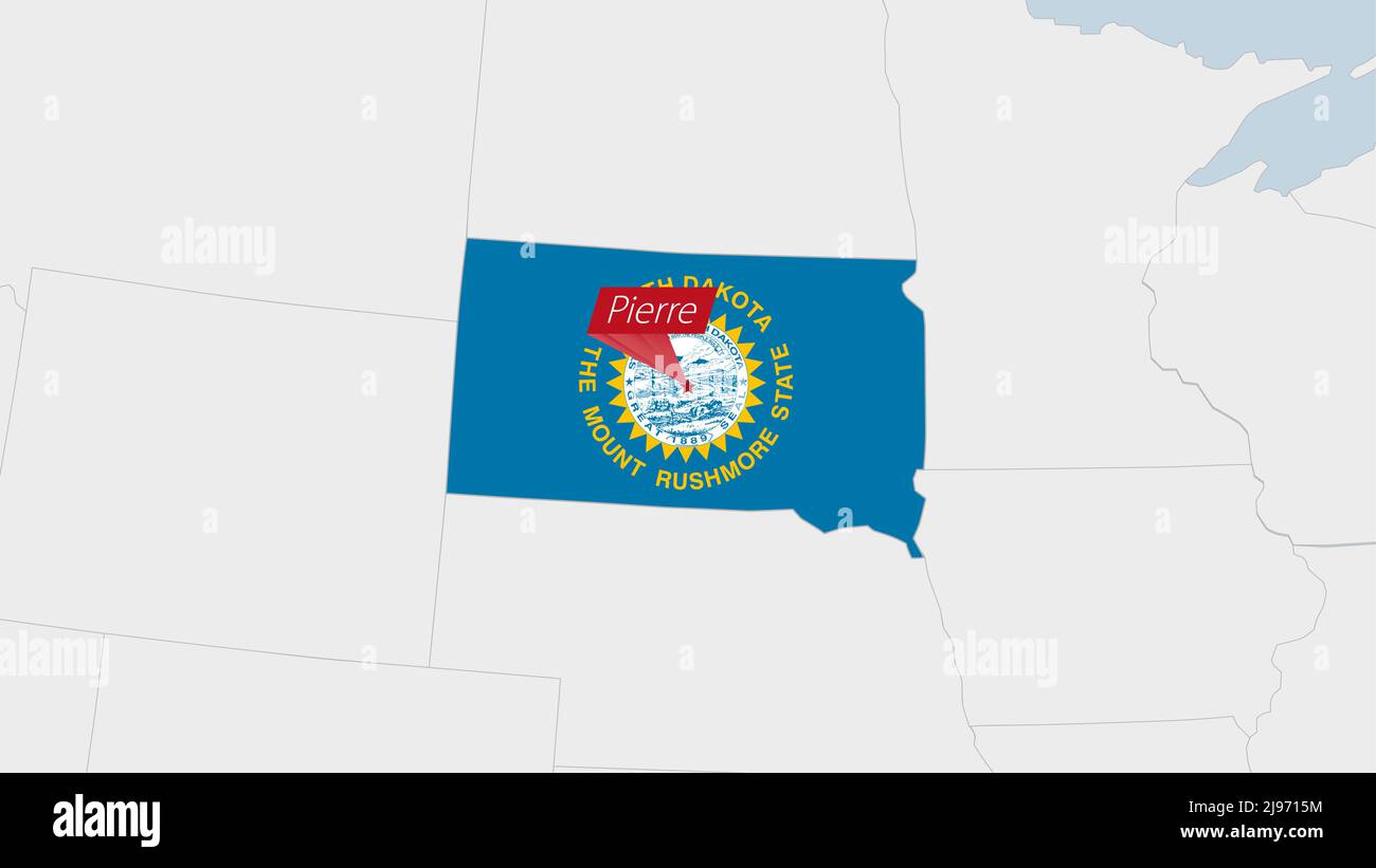 US State South Dakota map highlighted in South Dakota flag colors and