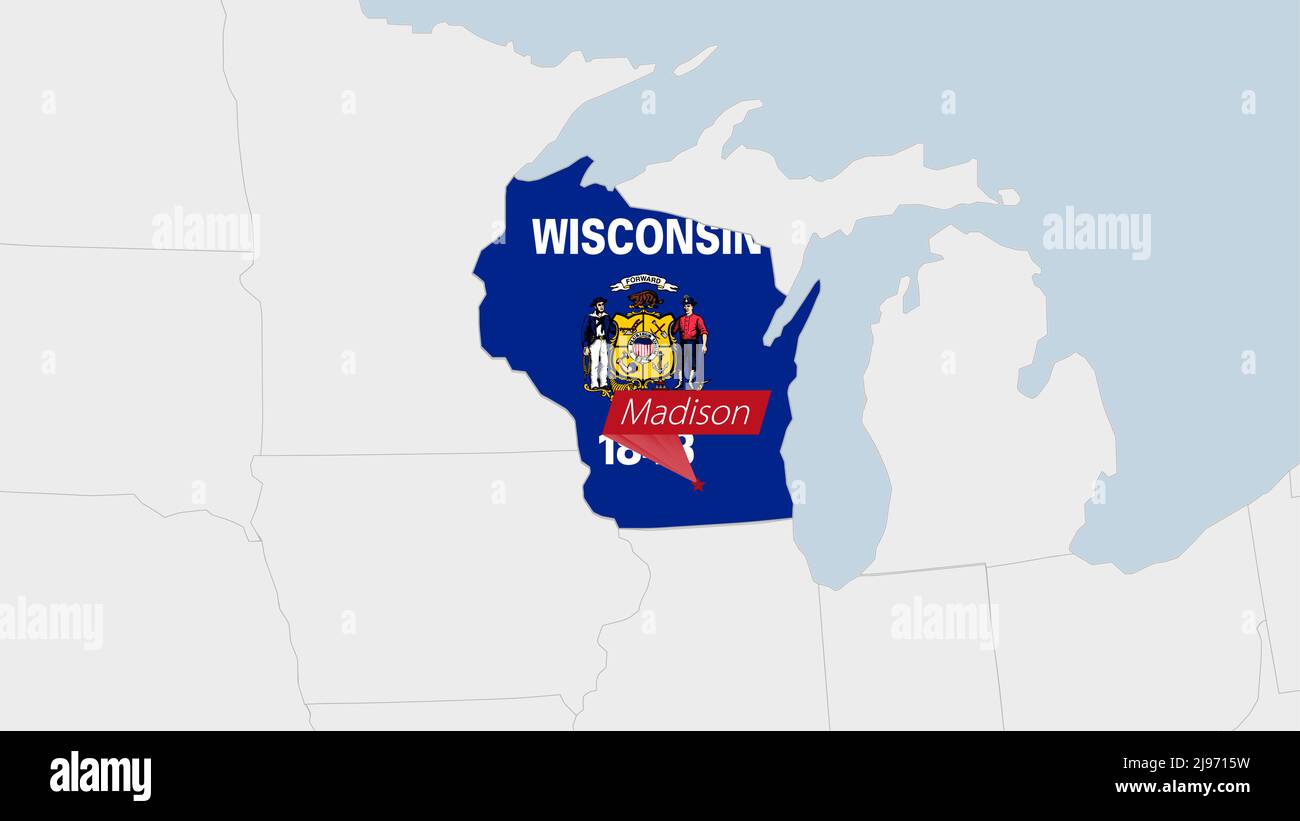 US State Wisconsin map highlighted in Wisconsin flag colors and pin of