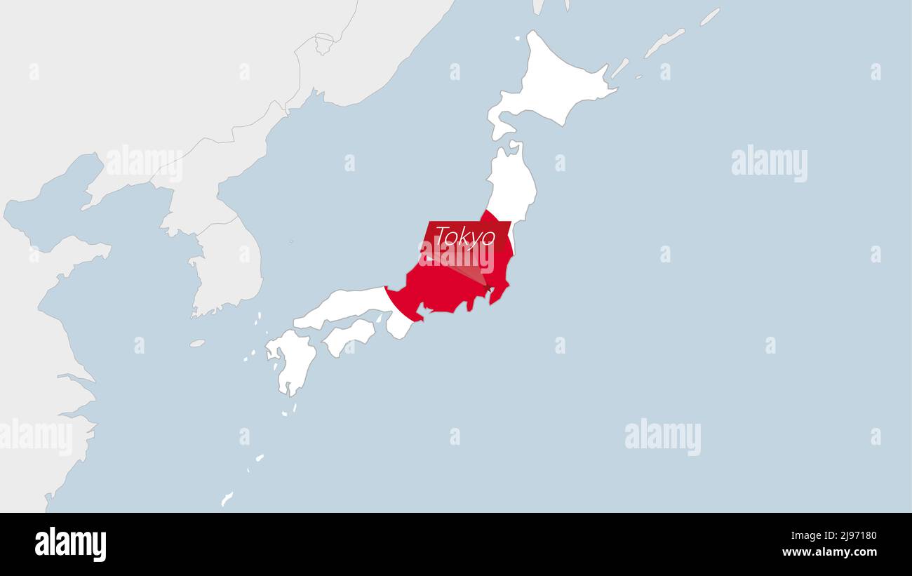 Japan map highlighted in Japan flag colors and pin of country capital